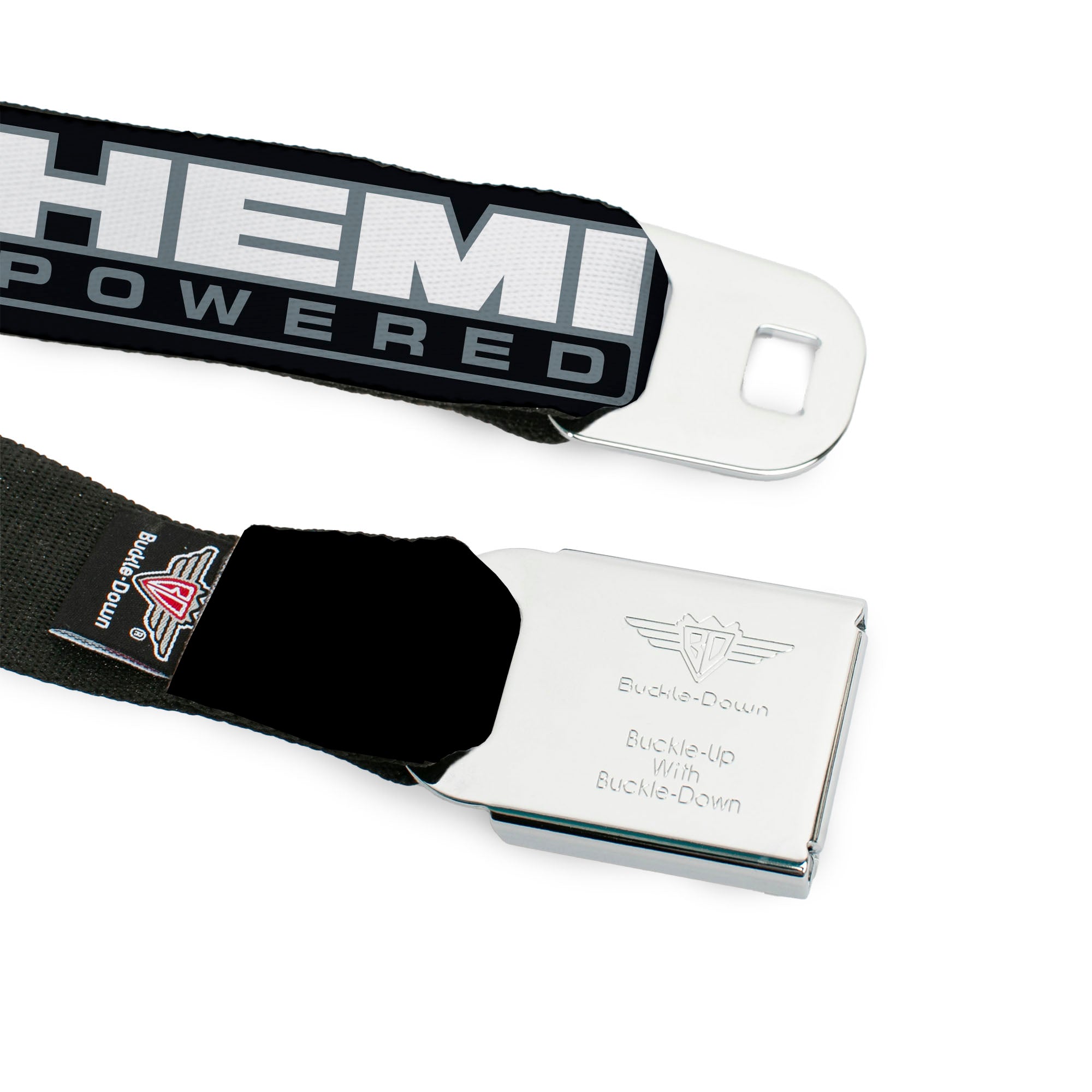 HEMI Bold Full Color Black/White Seatbelt Belt - HEMI POWERED Logo Black/Gray/White Webbing Seatbelt Belts Hemi