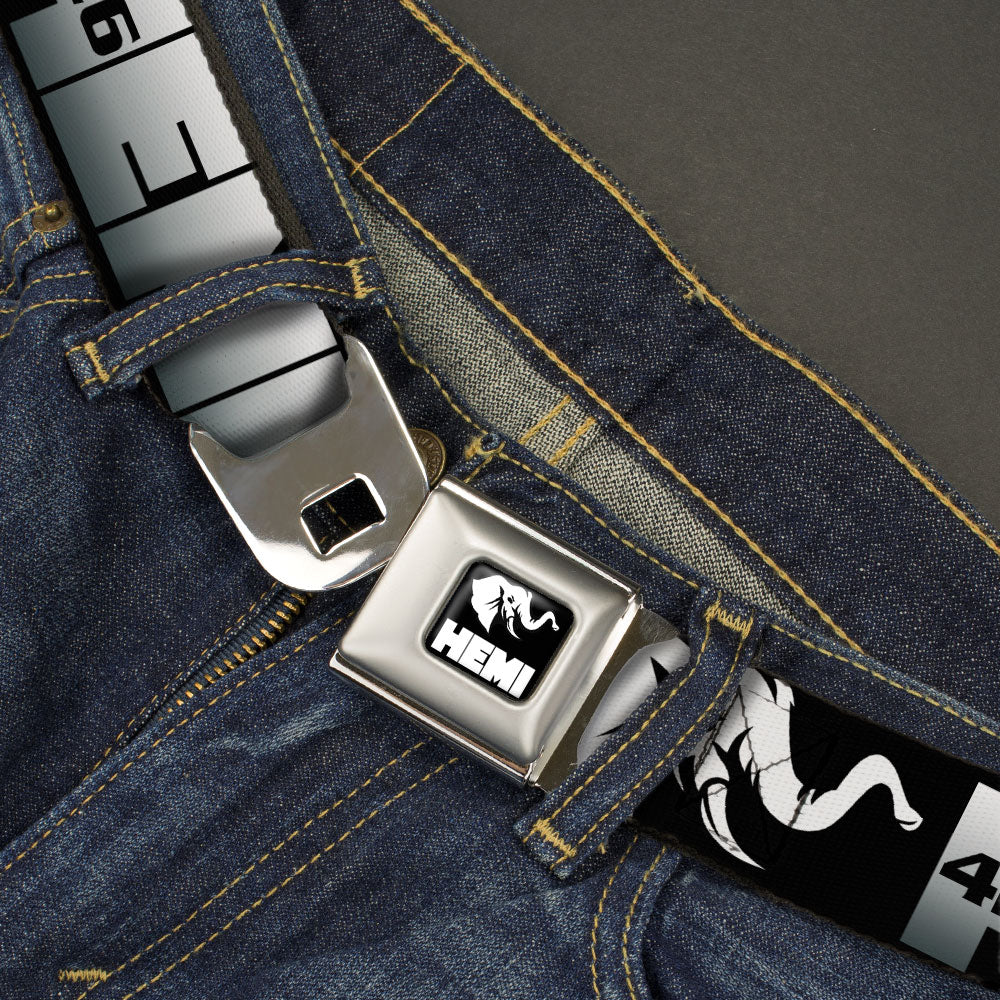 HEMI Elephant Logo Full Color Black/White Seatbelt Belt - HEMI 426/Elephant Logo 50 YEARS Black/White/Silver-Fade Webbing Seatbelt Belts Hemi