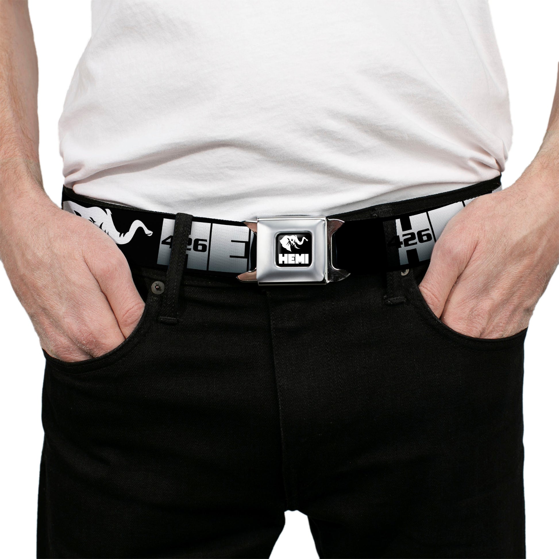 HEMI Elephant Logo Full Color Black/White Seatbelt Belt - HEMI 426/Elephant Logo 50 YEARS Black/White/Silver-Fade Webbing Seatbelt Belts Hemi