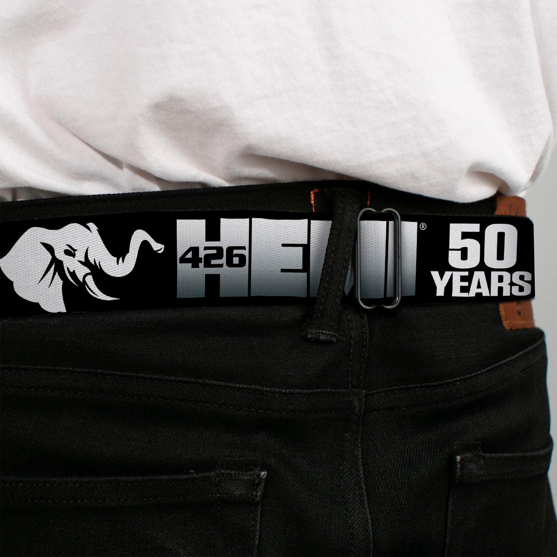 HEMI Elephant Logo Full Color Black/White Seatbelt Belt - HEMI 426/Elephant Logo 50 YEARS Black/White/Silver-Fade Webbing Seatbelt Belts Hemi