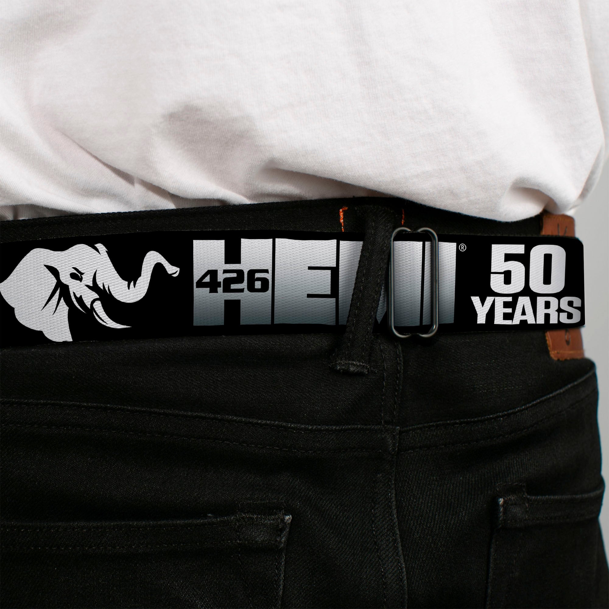 HEMI Elephant Logo Full Color Black/White Seatbelt Belt - HEMI 426/Elephant Logo 50 YEARS Black/White/Silver-Fade Webbing Seatbelt Belts Hemi
