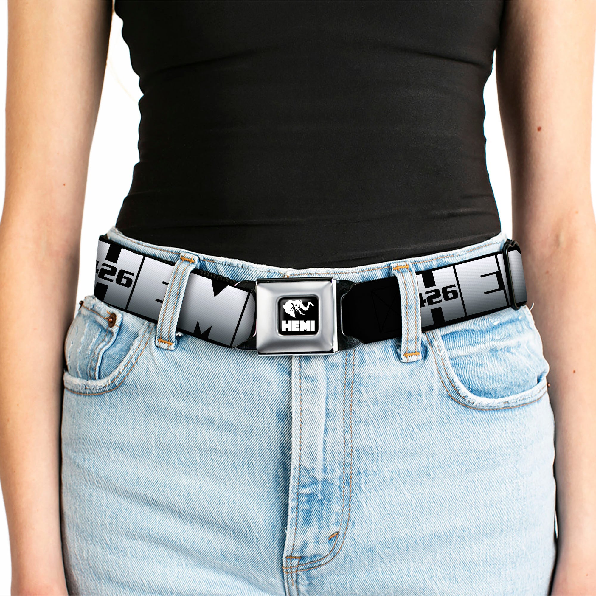 HEMI Elephant Logo Full Color Black/White Seatbelt Belt - HEMI 426/Elephant Logo 50 YEARS Black/White/Silver-Fade Webbing Seatbelt Belts Hemi