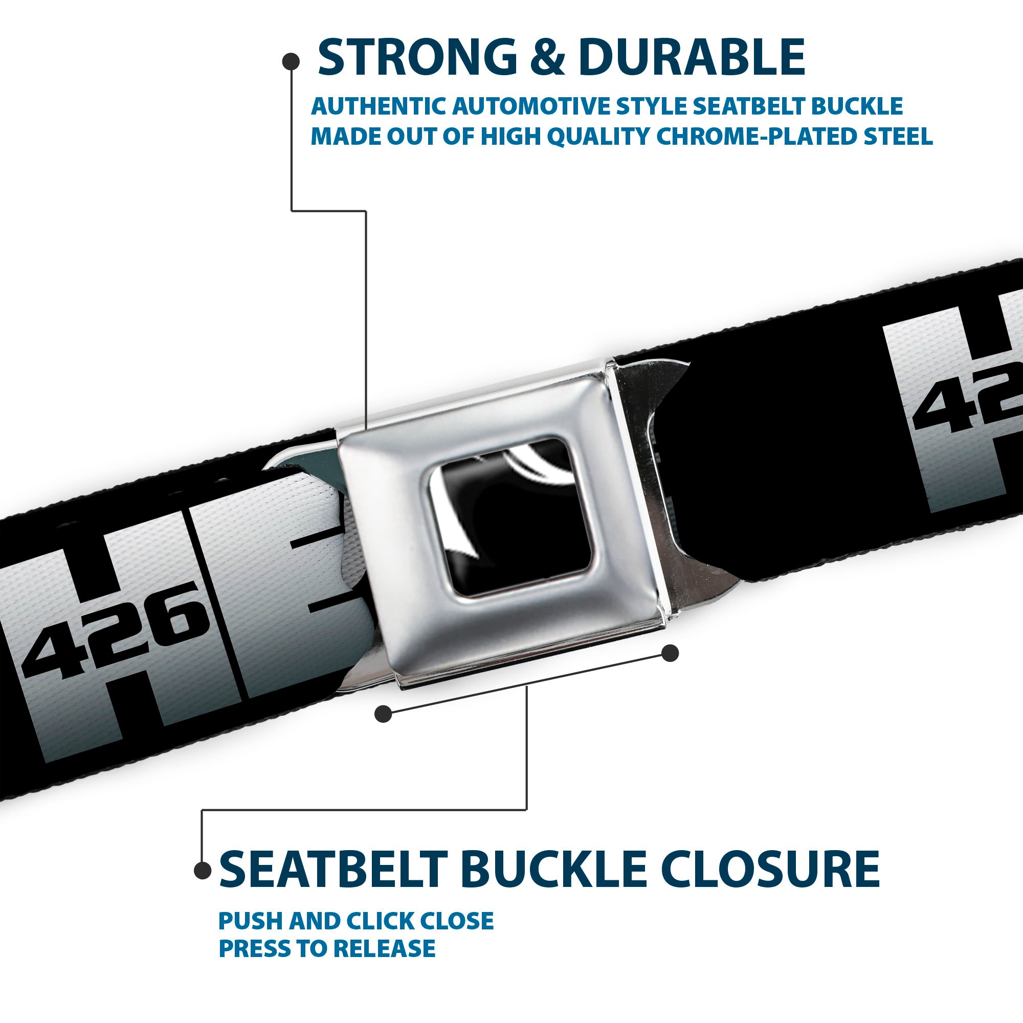 HEMI Elephant Logo Full Color Black/White Seatbelt Belt - HEMI 426/Elephant Logo 50 YEARS Black/White/Silver-Fade Webbing Seatbelt Belts Hemi