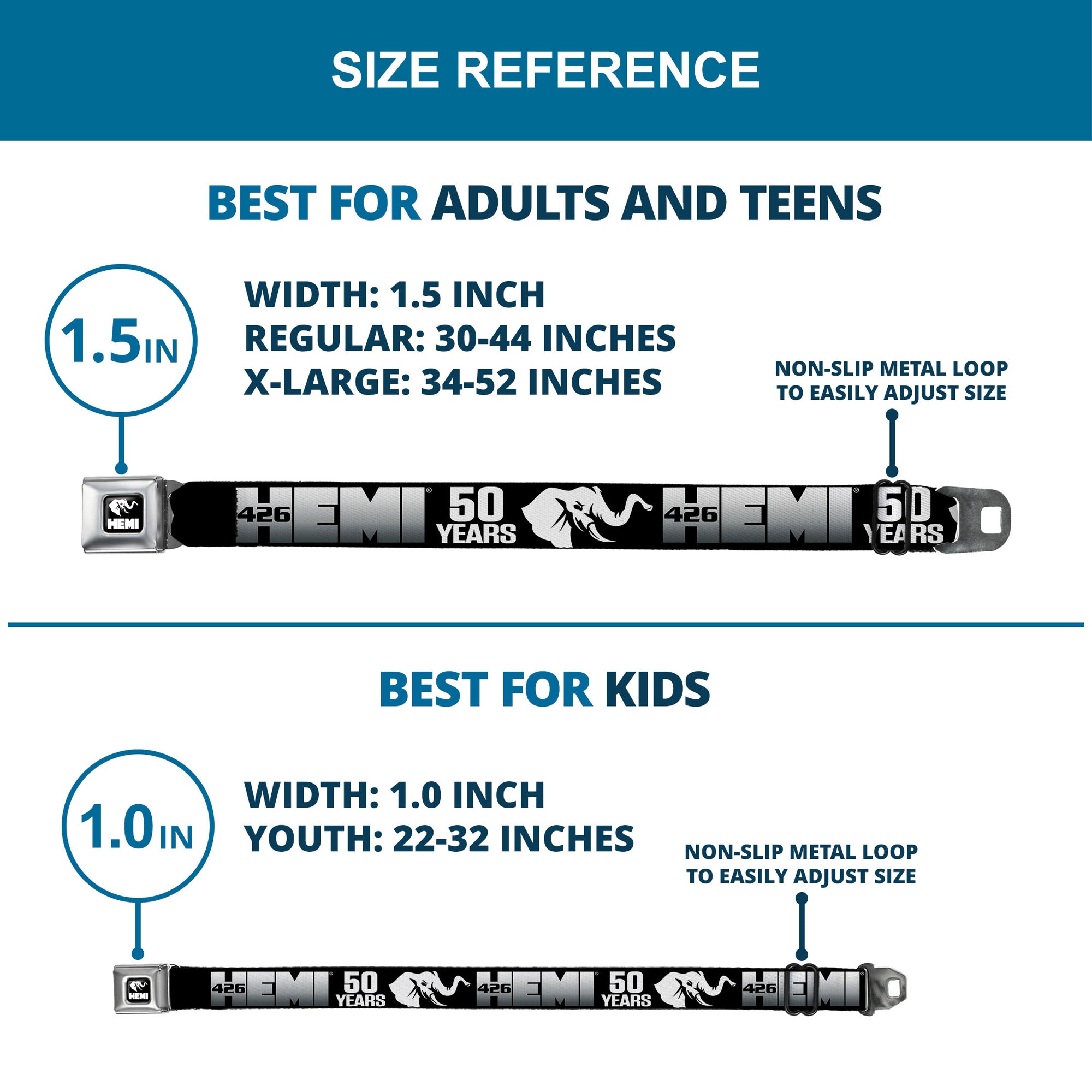 HEMI Elephant Logo Full Color Black/White Seatbelt Belt - HEMI 426/Elephant Logo 50 YEARS Black/White/Silver-Fade Webbing Seatbelt Belts Hemi