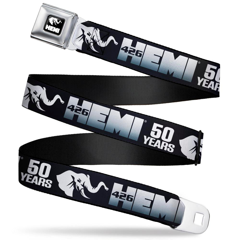 HEMI Elephant Logo Full Color Black/White Seatbelt Belt - HEMI 426/Elephant Logo 50 YEARS Black/White/Silver-Fade Webbing Seatbelt Belts Hemi