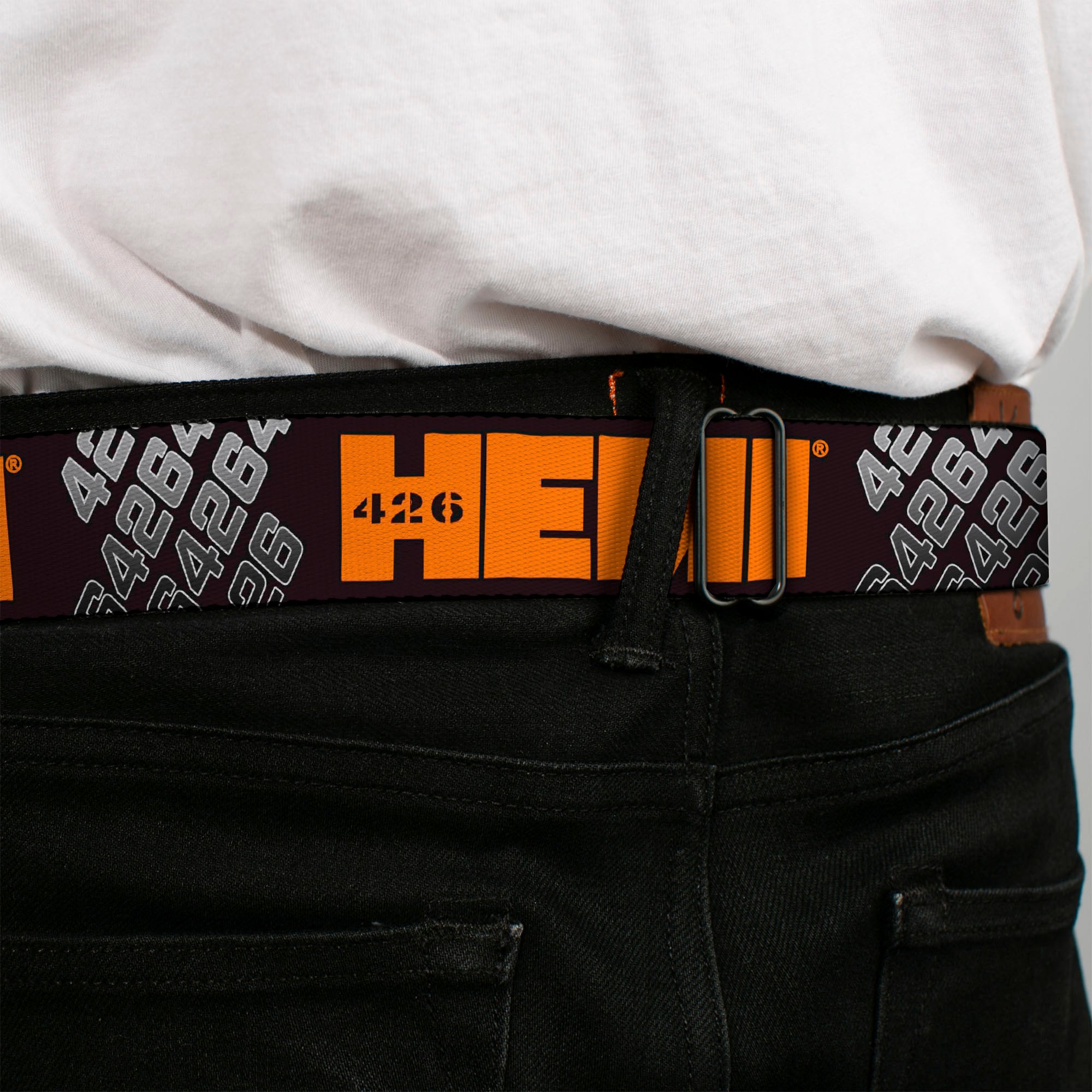 HEMI 426 Logo Full Color Black Orange Seatbelt Belt - HEMI 426 Logo 392/426 Black/Orange/Silver-Fade Webbing Seatbelt Belts Hemi