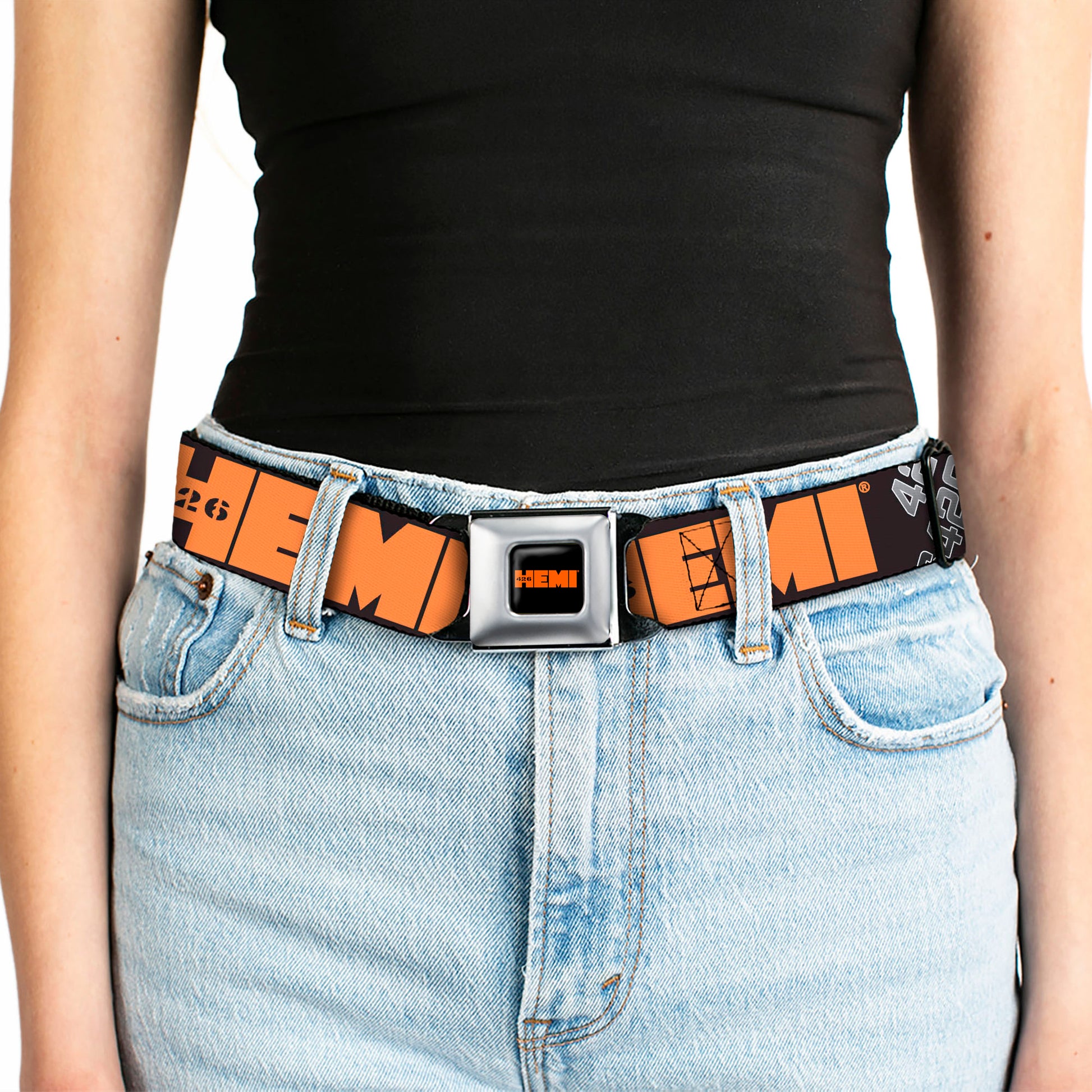 HEMI 426 Logo Full Color Black Orange Seatbelt Belt - HEMI 426 Logo 392/426 Black/Orange/Silver-Fade Webbing Seatbelt Belts Hemi