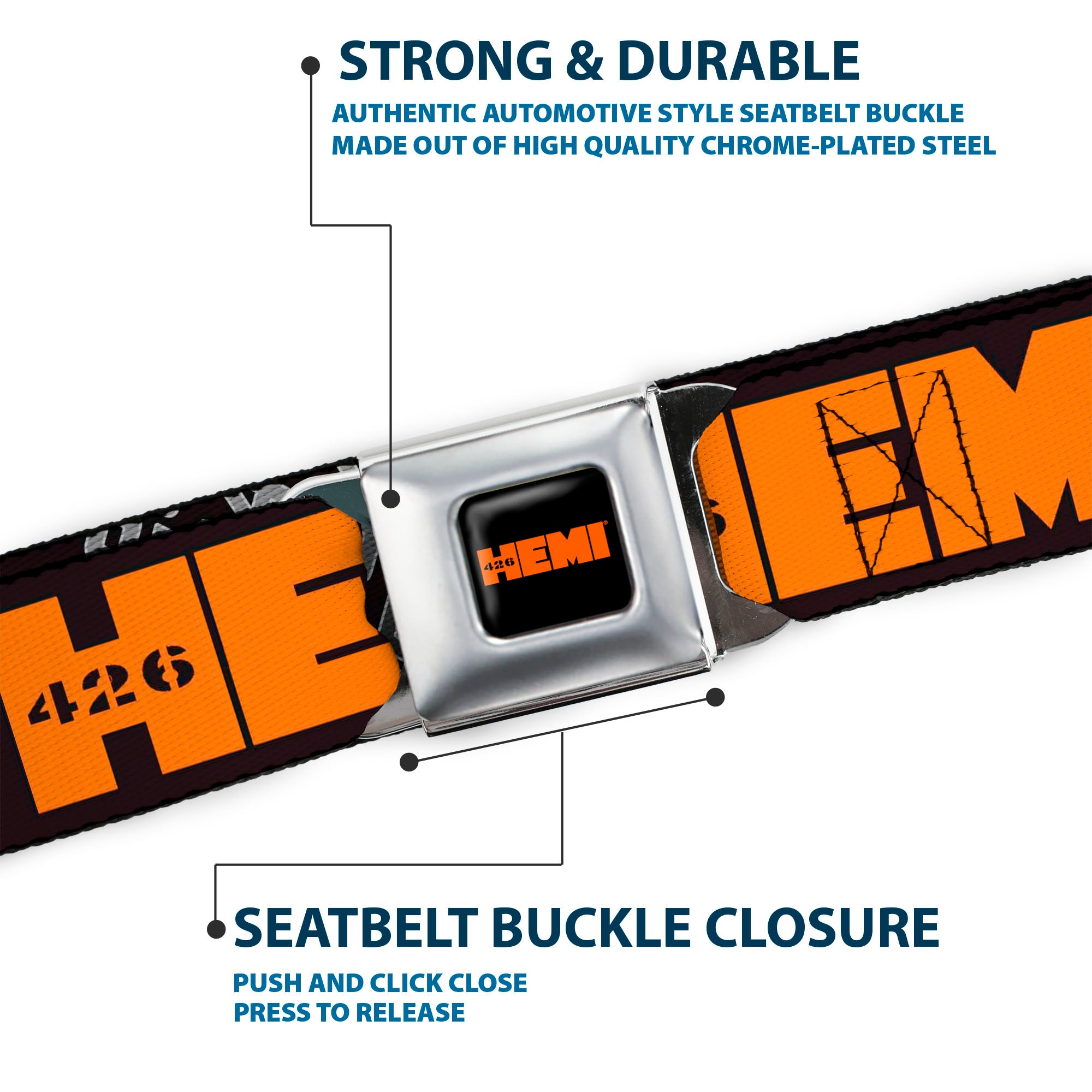 HEMI 426 Logo Full Color Black Orange Seatbelt Belt - HEMI 426 Logo 392/426 Black/Orange/Silver-Fade Webbing Seatbelt Belts Hemi