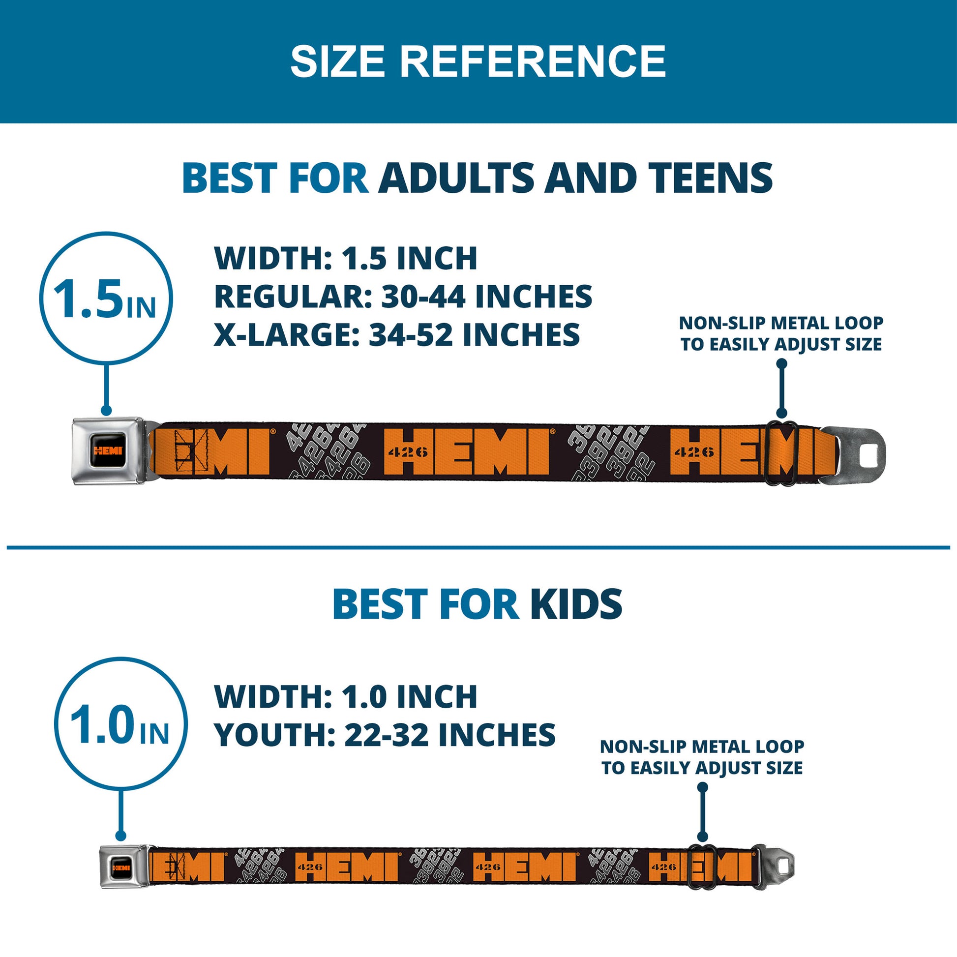 HEMI 426 Logo Full Color Black Orange Seatbelt Belt - HEMI 426 Logo 392/426 Black/Orange/Silver-Fade Webbing Seatbelt Belts Hemi