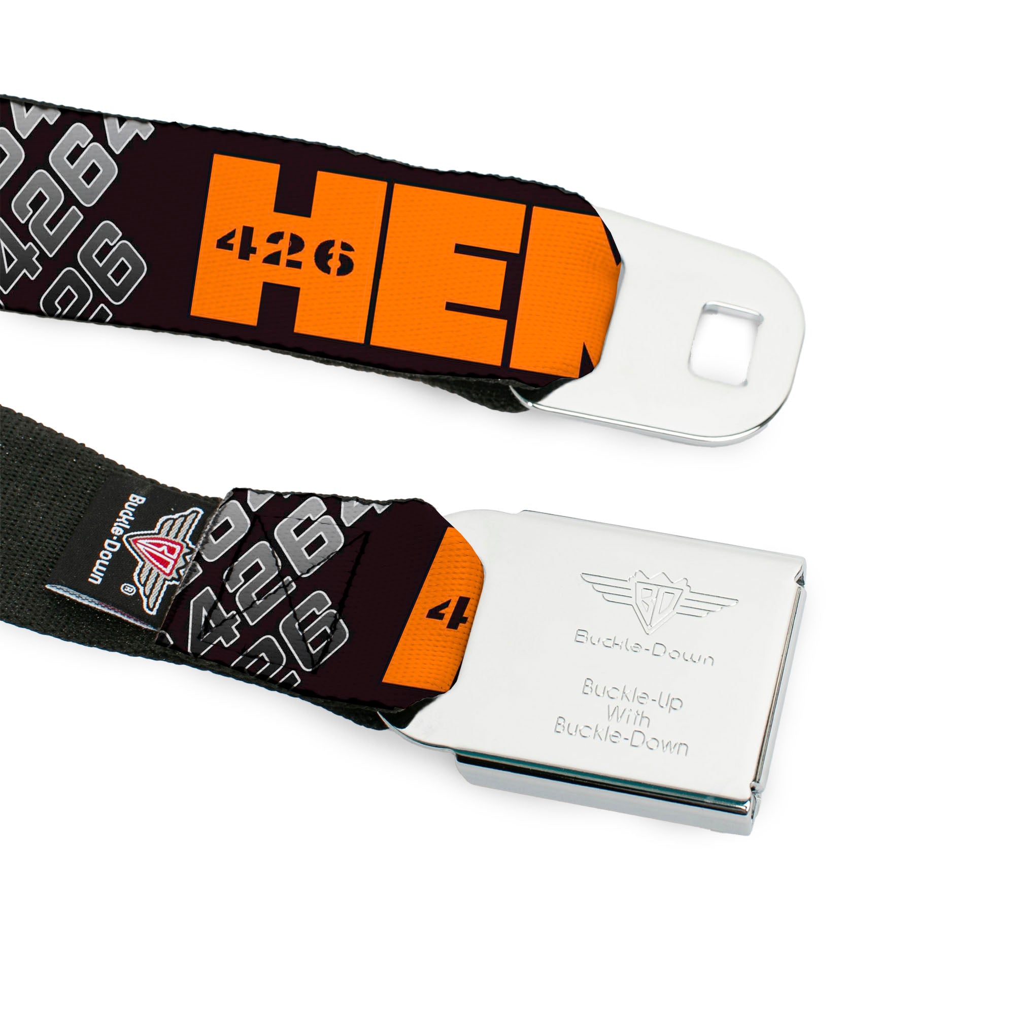 HEMI 426 Logo Full Color Black Orange Seatbelt Belt - HEMI 426 Logo 392/426 Black/Orange/Silver-Fade Webbing Seatbelt Belts Hemi