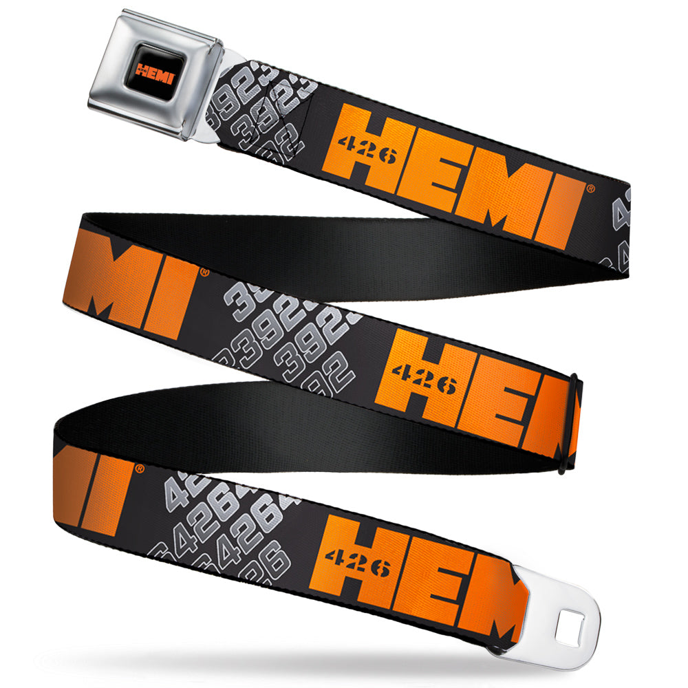 HEMI 426 Logo Full Color Black Orange Seatbelt Belt - HEMI 426 Logo 392/426 Black/Orange/Silver-Fade Webbing Seatbelt Belts Hemi