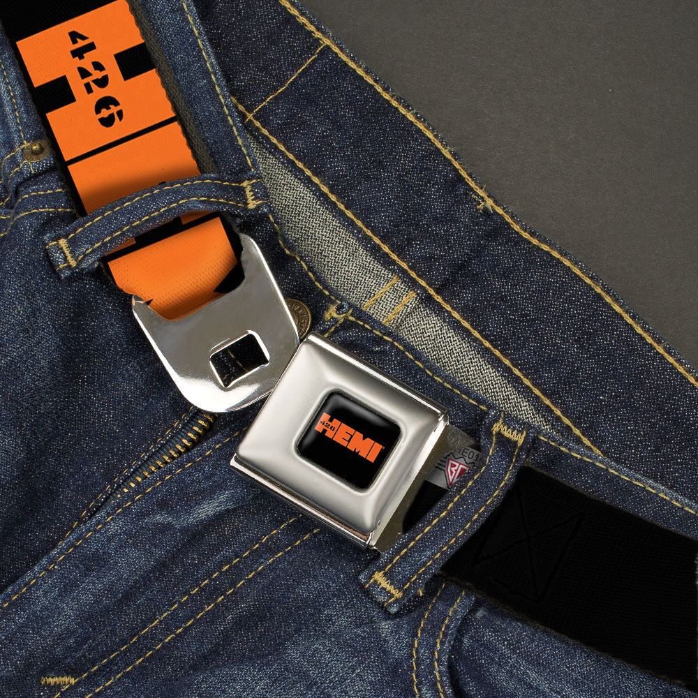 HEMI 426 Logo Full Color Black Orange Seatbelt Belt - HEMI 426 Logo Repeat Black/Orange Webbing Seatbelt Belts Hemi