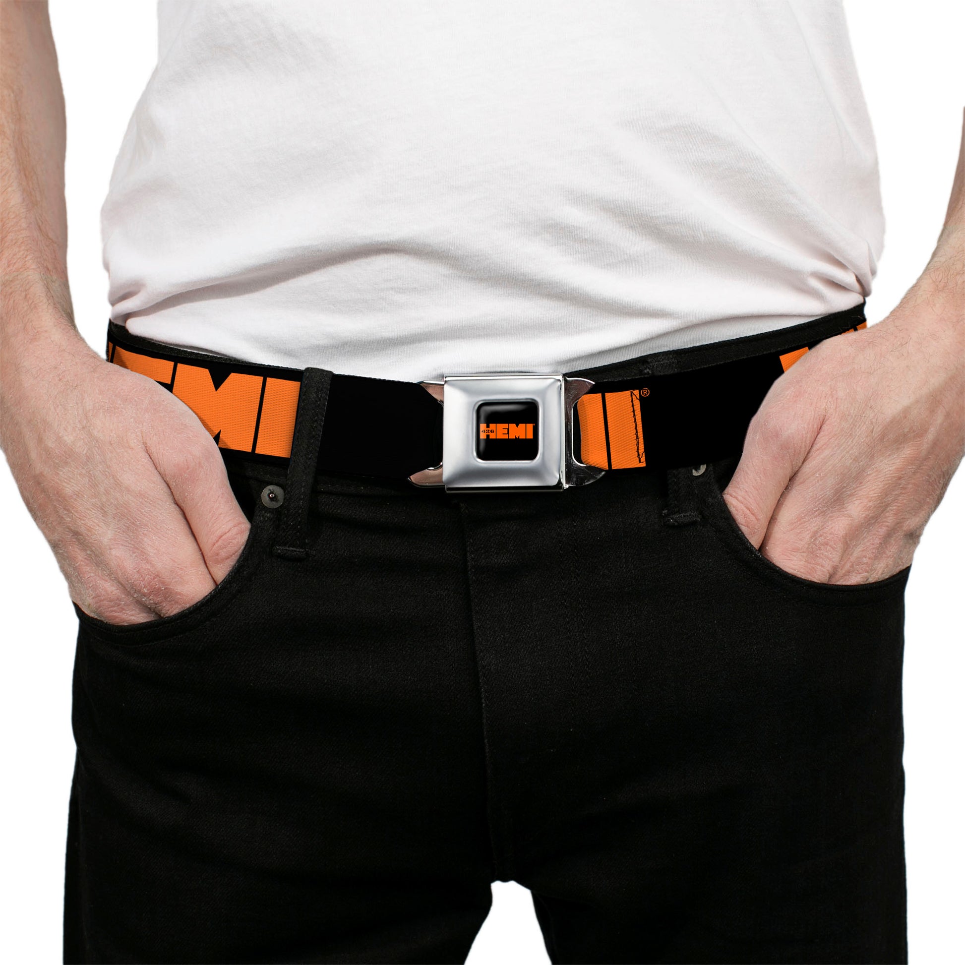 HEMI 426 Logo Full Color Black Orange Seatbelt Belt - HEMI 426 Logo Repeat Black/Orange Webbing Seatbelt Belts Hemi