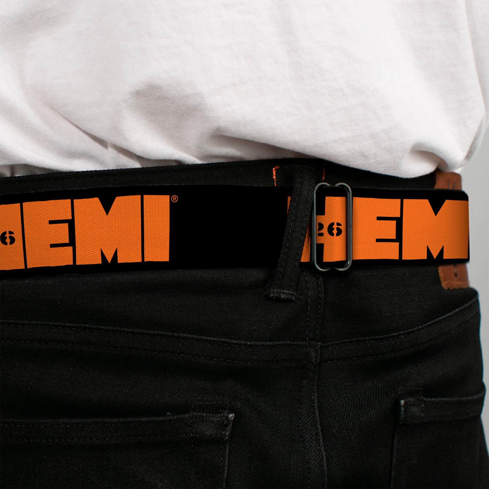 HEMI 426 Logo Full Color Black Orange Seatbelt Belt - HEMI 426 Logo Repeat Black/Orange Webbing Seatbelt Belts Hemi