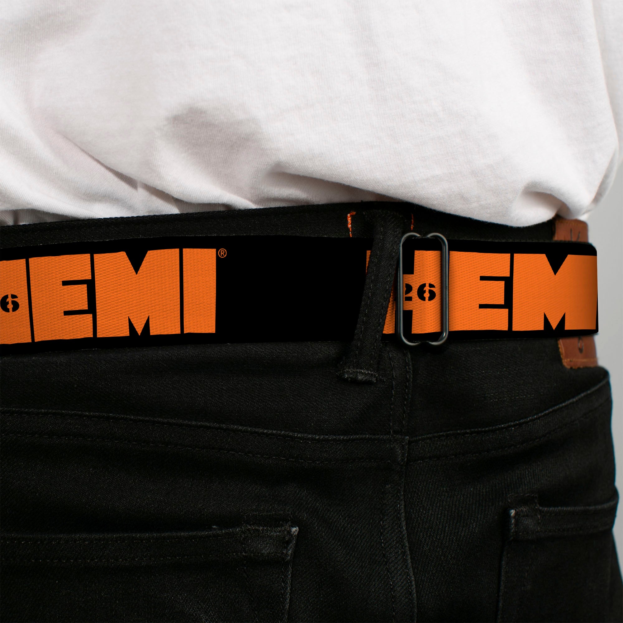 HEMI 426 Logo Full Color Black Orange Seatbelt Belt - HEMI 426 Logo Repeat Black/Orange Webbing Seatbelt Belts Hemi