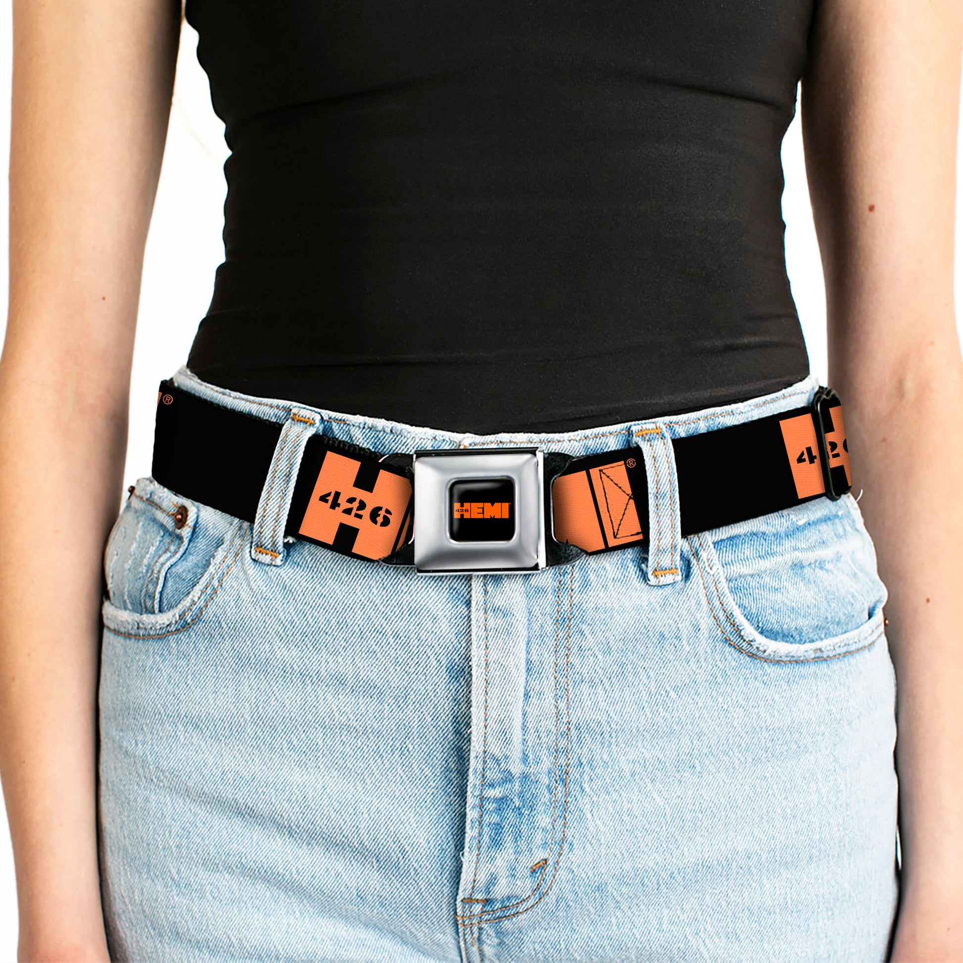 HEMI 426 Logo Full Color Black Orange Seatbelt Belt - HEMI 426 Logo Repeat Black/Orange Webbing Seatbelt Belts Hemi