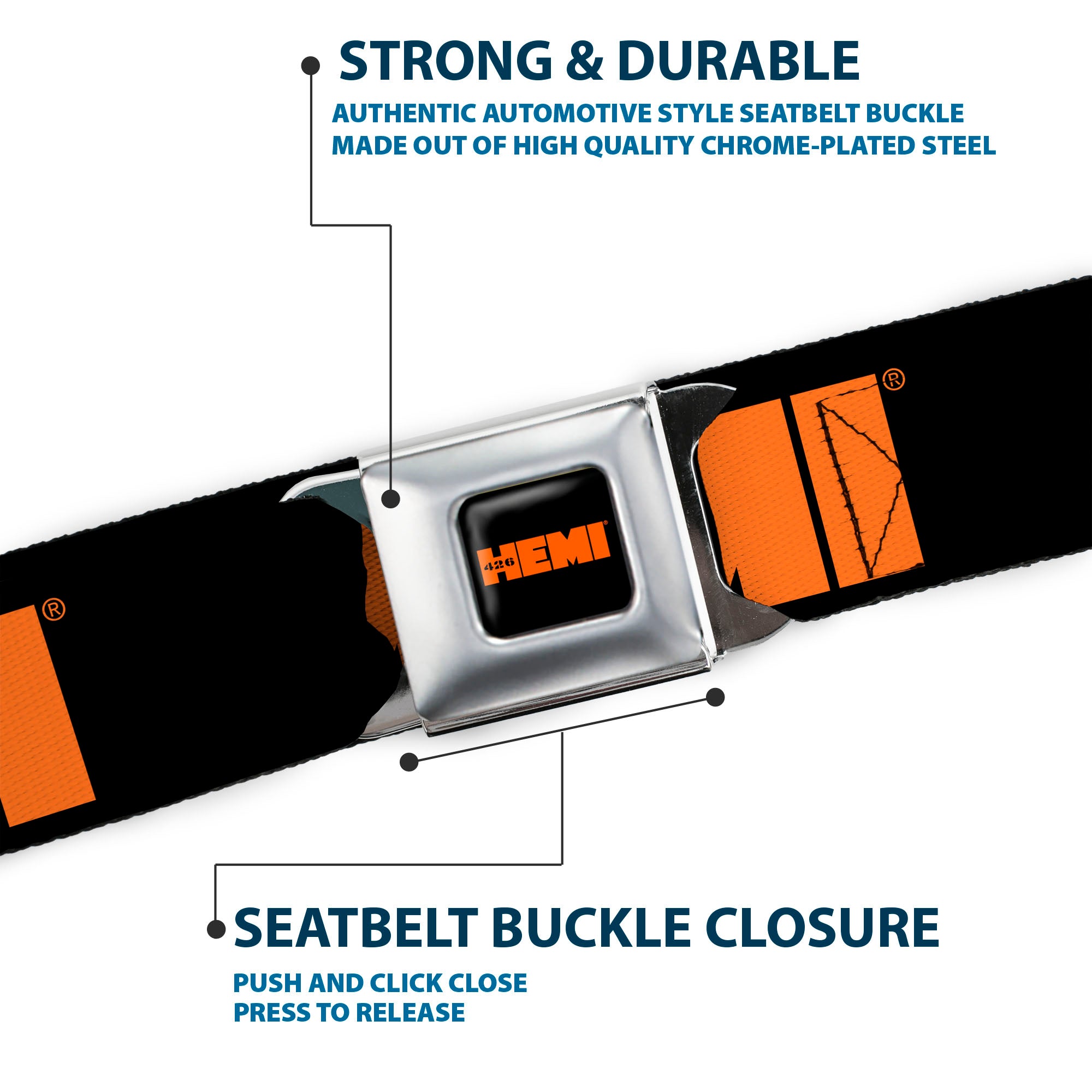 HEMI 426 Logo Full Color Black Orange Seatbelt Belt - HEMI 426 Logo Repeat Black/Orange Webbing Seatbelt Belts Hemi