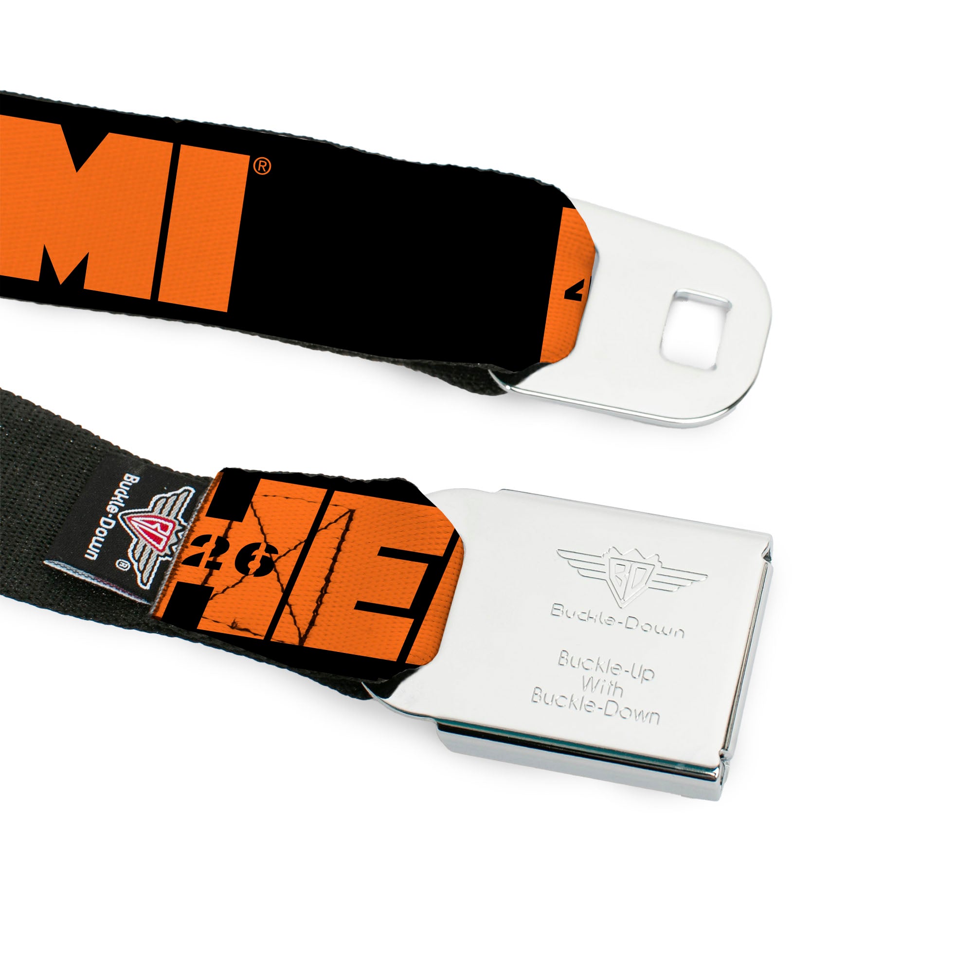 HEMI 426 Logo Full Color Black Orange Seatbelt Belt - HEMI 426 Logo Repeat Black/Orange Webbing Seatbelt Belts Hemi