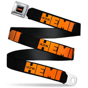 HEMI 426 Logo Full Color Black Orange Seatbelt Belt - HEMI 426 Logo Repeat Black/Orange Webbing Seatbelt Belts Hemi