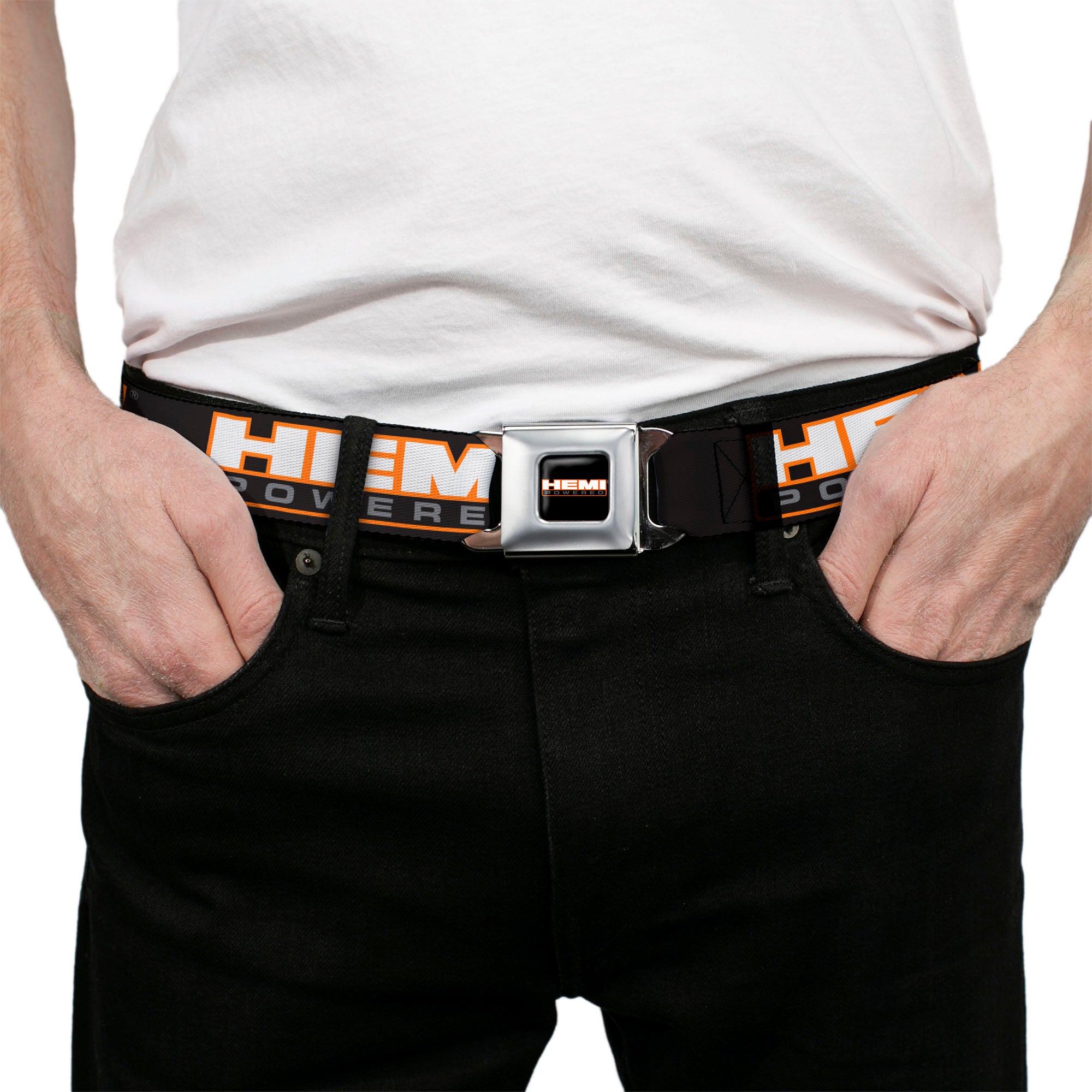 HEMI POWERED Logo Full Color Black Orange White Gray Seatbelt Belt - HEMI POWERED Logo Repeat Black/Orange/White/Gray Webbing Seatbelt Belts Hemi