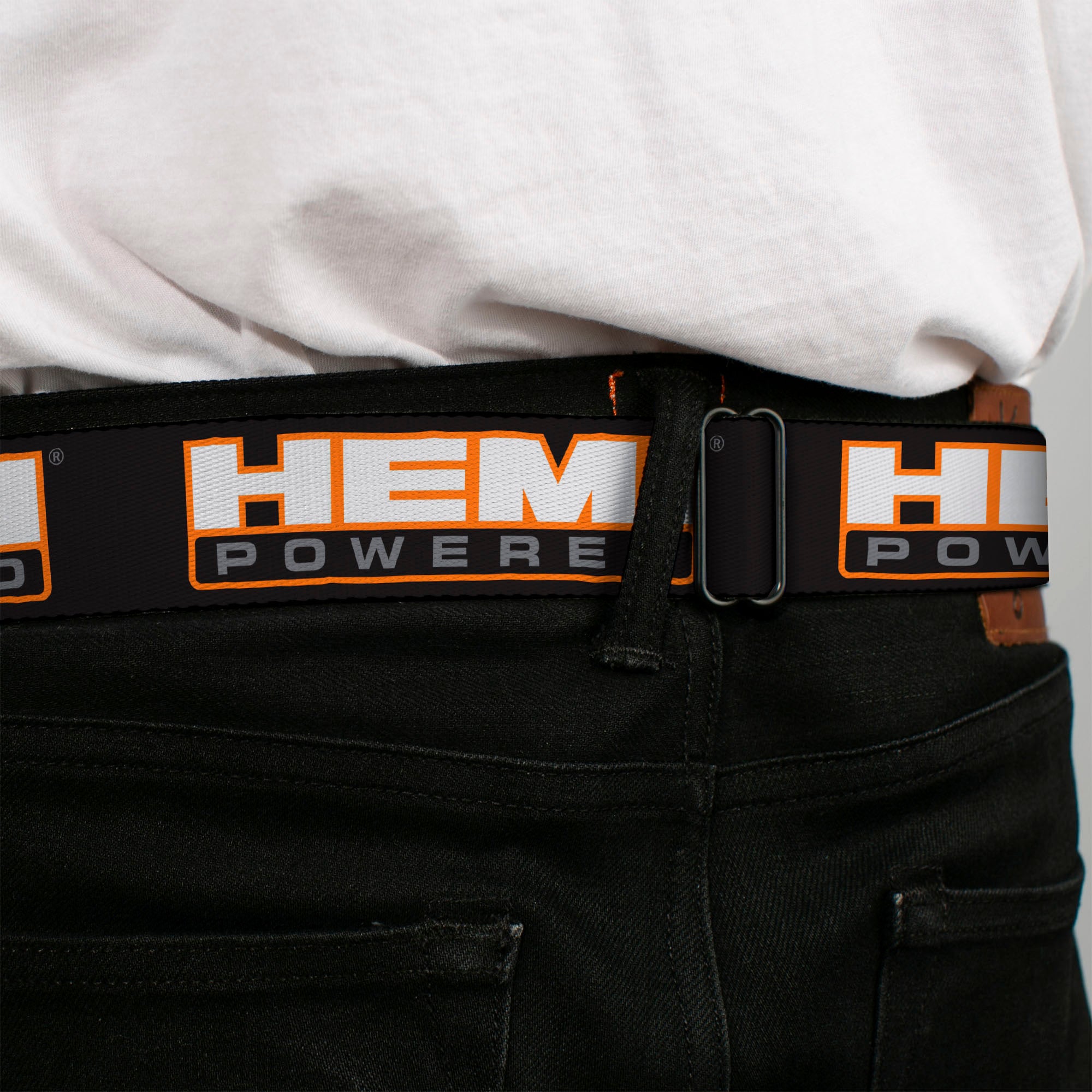 HEMI POWERED Logo Full Color Black Orange White Gray Seatbelt Belt - HEMI POWERED Logo Repeat Black/Orange/White/Gray Webbing Seatbelt Belts Hemi