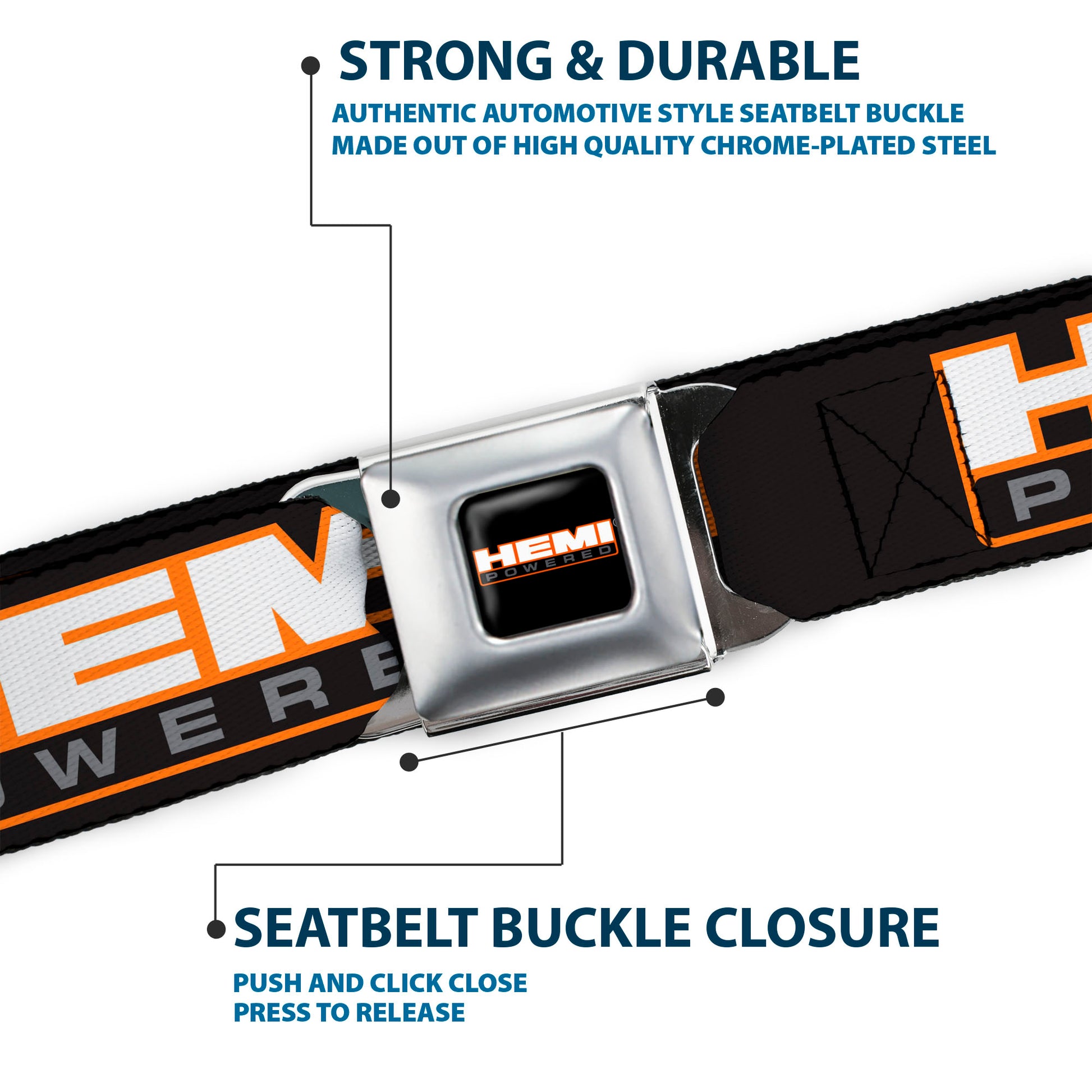 HEMI POWERED Logo Full Color Black Orange White Gray Seatbelt Belt - HEMI POWERED Logo Repeat Black/Orange/White/Gray Webbing Seatbelt Belts Hemi