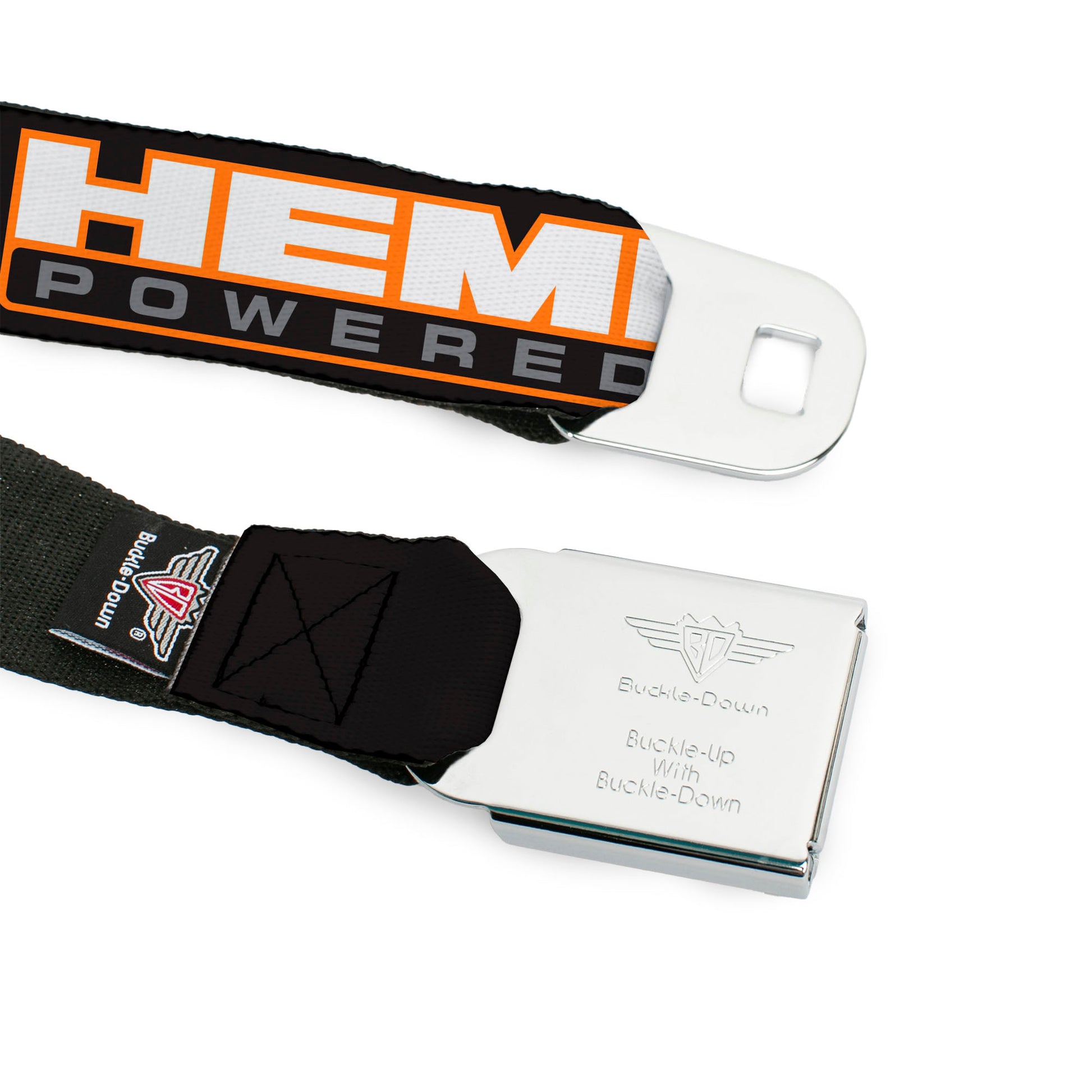 HEMI POWERED Logo Full Color Black Orange White Gray Seatbelt Belt - HEMI POWERED Logo Repeat Black/Orange/White/Gray Webbing Seatbelt Belts Hemi