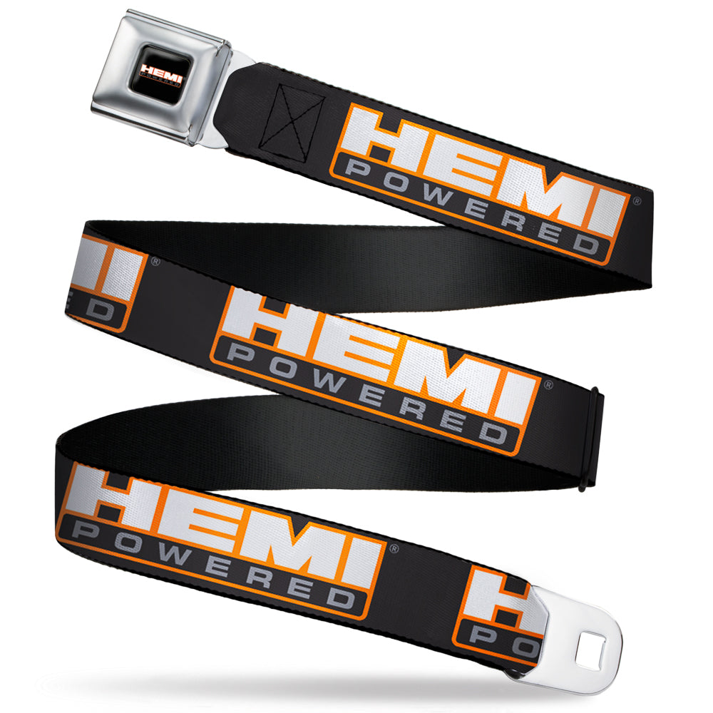HEMI POWERED Logo Full Color Black Orange White Gray Seatbelt Belt - HEMI POWERED Logo Repeat Black/Orange/White/Gray Webbing Seatbelt Belts Hemi