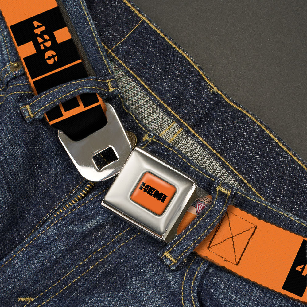 HEMI 426 Logo Full Color Orange Black Seatbelt Belt - HEMI 426 Logo Repeat Orange/Black Webbing Seatbelt Belts Hemi