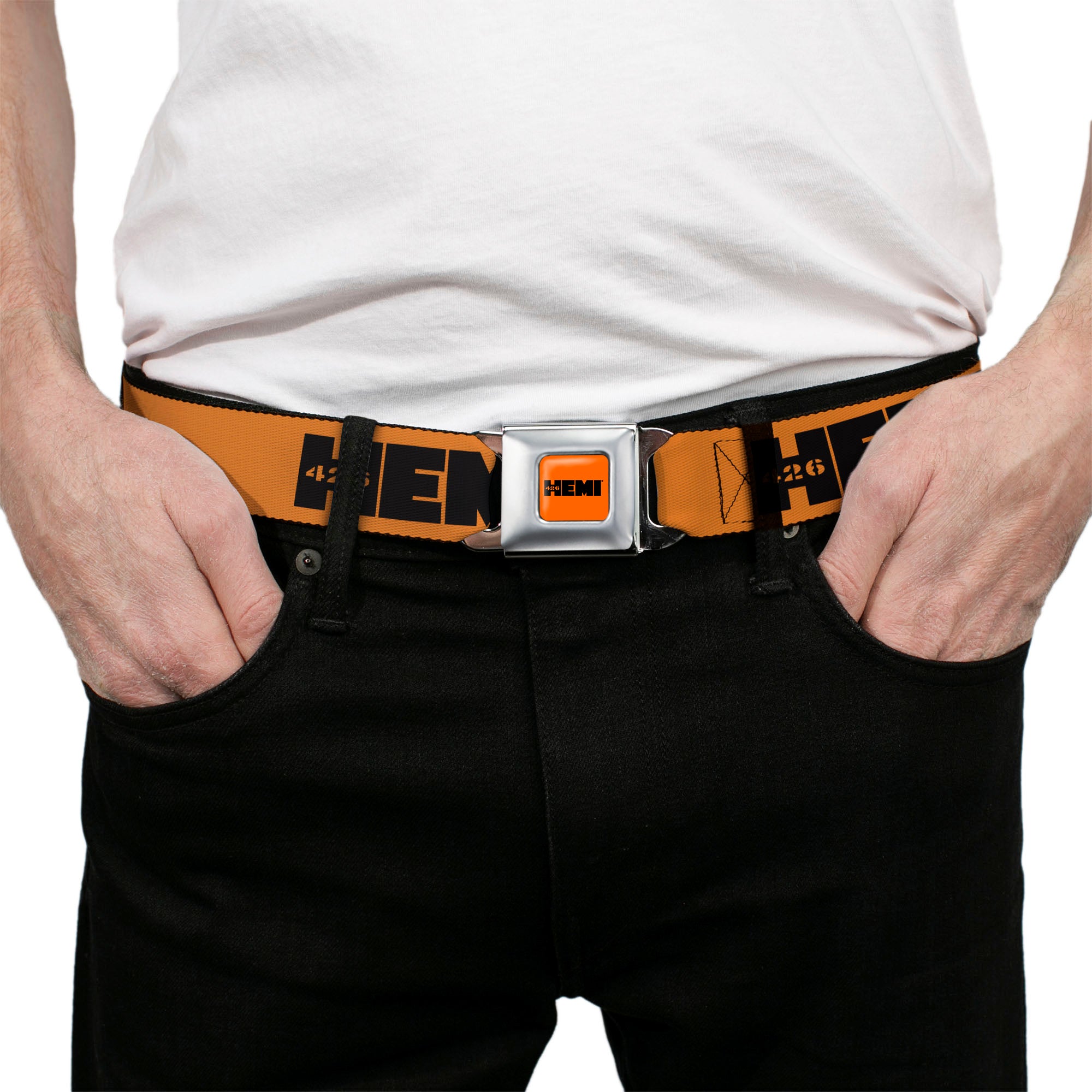 HEMI 426 Logo Full Color Orange Black Seatbelt Belt - HEMI 426 Logo Repeat Orange/Black Webbing Seatbelt Belts Hemi