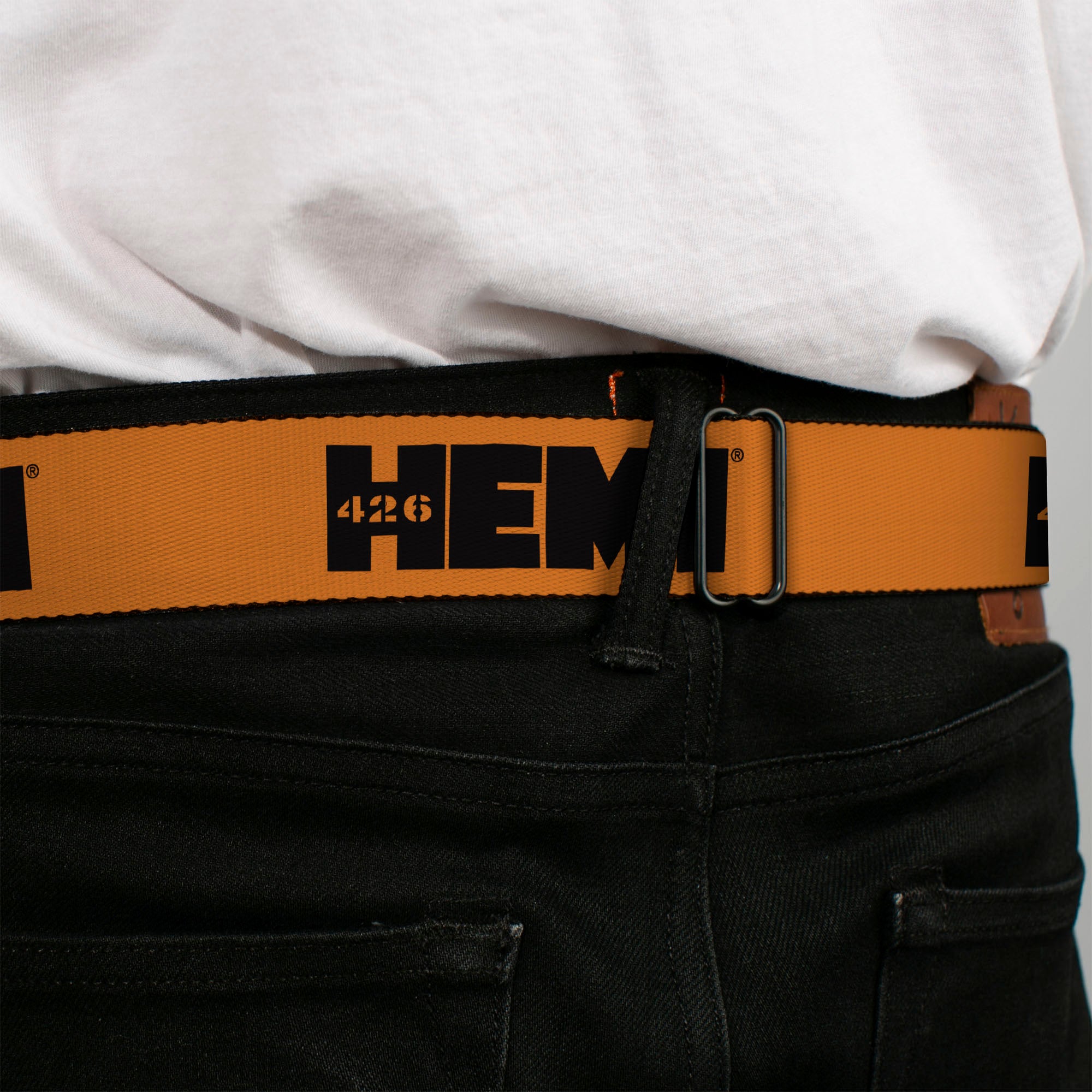 HEMI 426 Logo Full Color Orange Black Seatbelt Belt - HEMI 426 Logo Repeat Orange/Black Webbing Seatbelt Belts Hemi