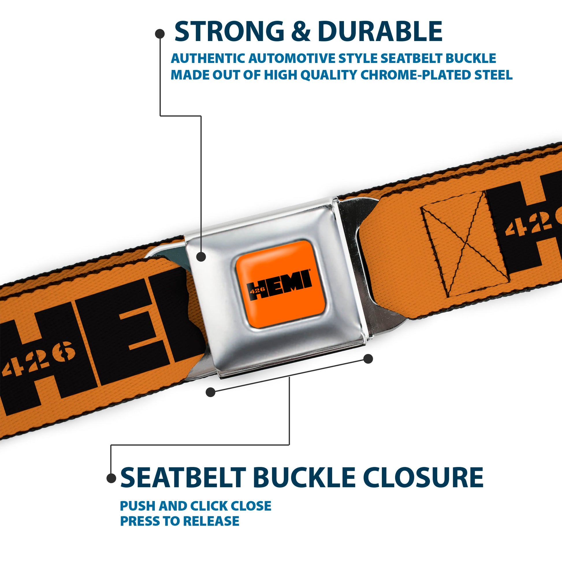 HEMI 426 Logo Full Color Orange Black Seatbelt Belt - HEMI 426 Logo Repeat Orange/Black Webbing Seatbelt Belts Hemi