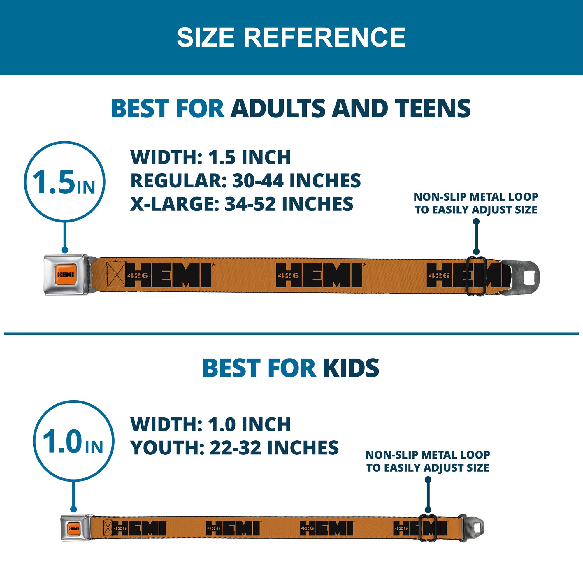 HEMI 426 Logo Full Color Orange Black Seatbelt Belt - HEMI 426 Logo Repeat Orange/Black Webbing Seatbelt Belts Hemi