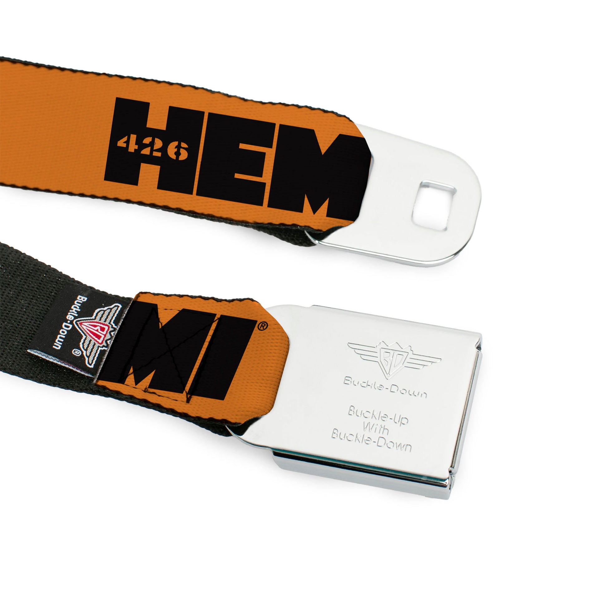 HEMI 426 Logo Full Color Orange Black Seatbelt Belt - HEMI 426 Logo Repeat Orange/Black Webbing Seatbelt Belts Hemi