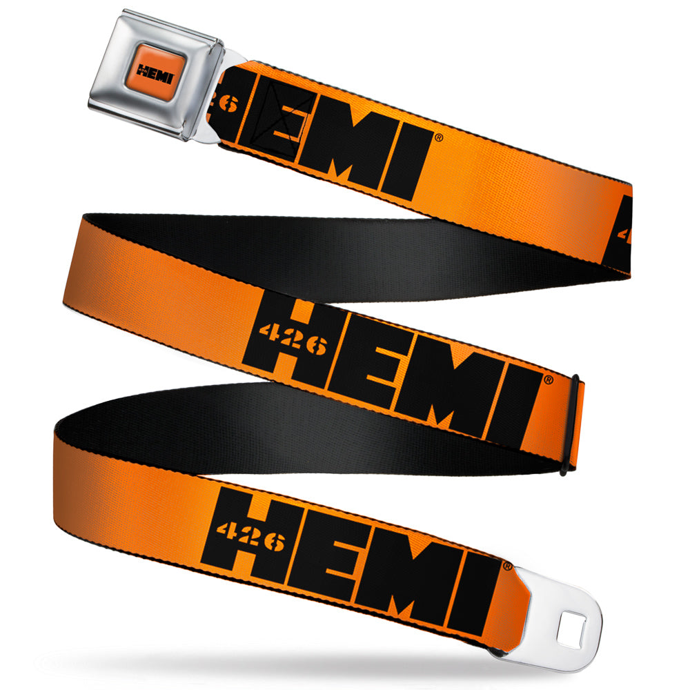 HEMI 426 Logo Full Color Orange Black Seatbelt Belt - HEMI 426 Logo Repeat Orange/Black Webbing Seatbelt Belts Hemi