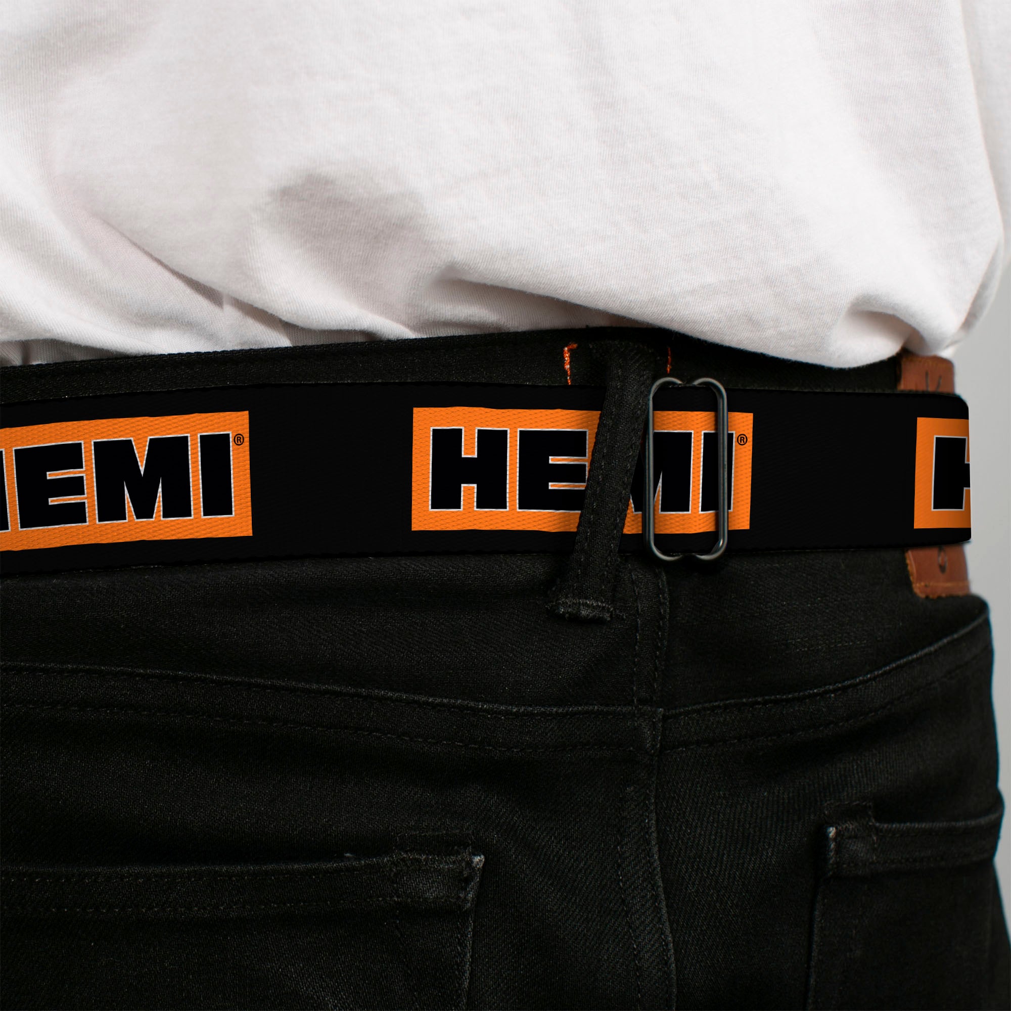 HEMI Bold Full Color Black/Orange/White/Black Seatbelt Belt - HEMI Bold Black/Orange/White/Black Webbing Seatbelt Belts Hemi