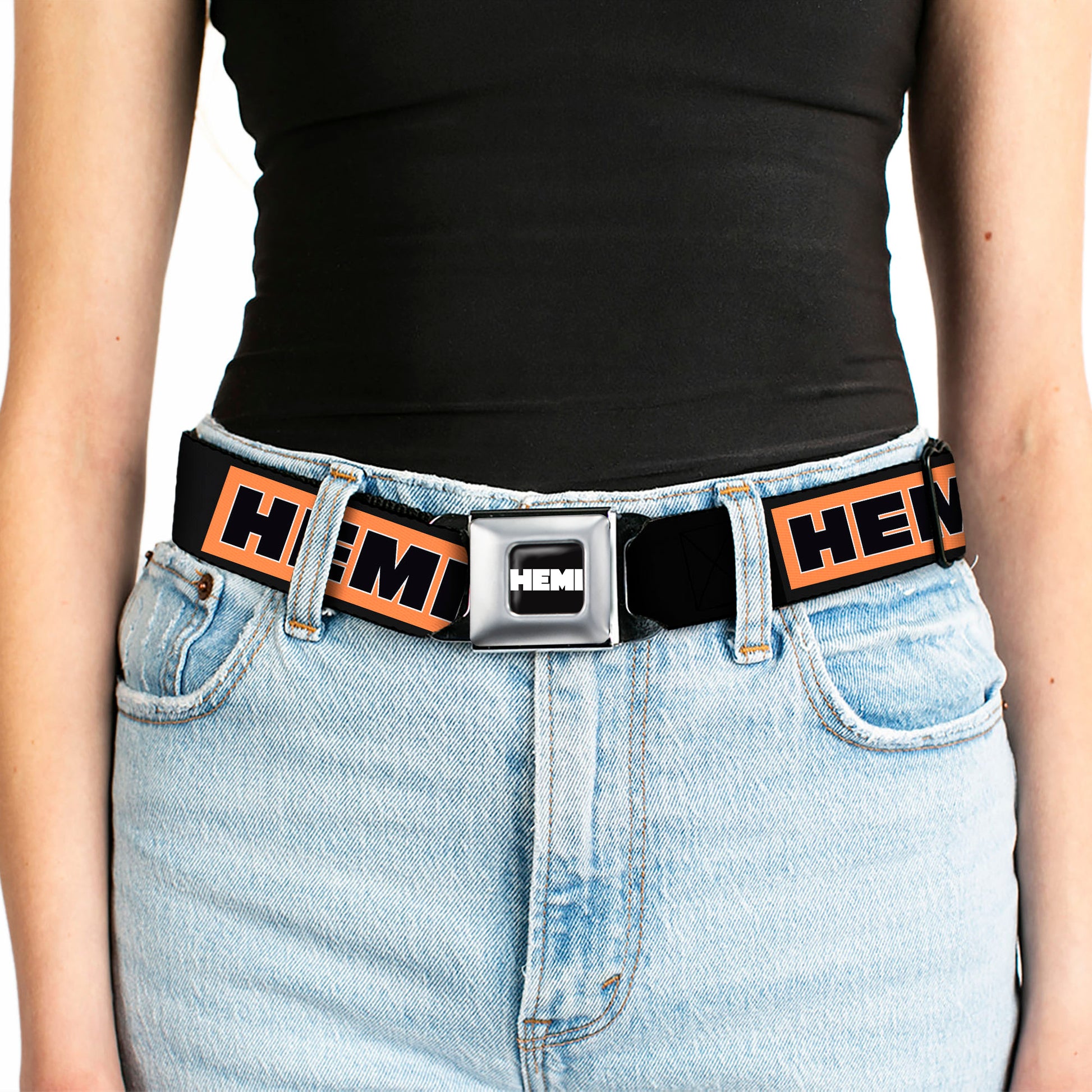 HEMI Bold Full Color Black/Orange/White/Black Seatbelt Belt - HEMI Bold Black/Orange/White/Black Webbing Seatbelt Belts Hemi