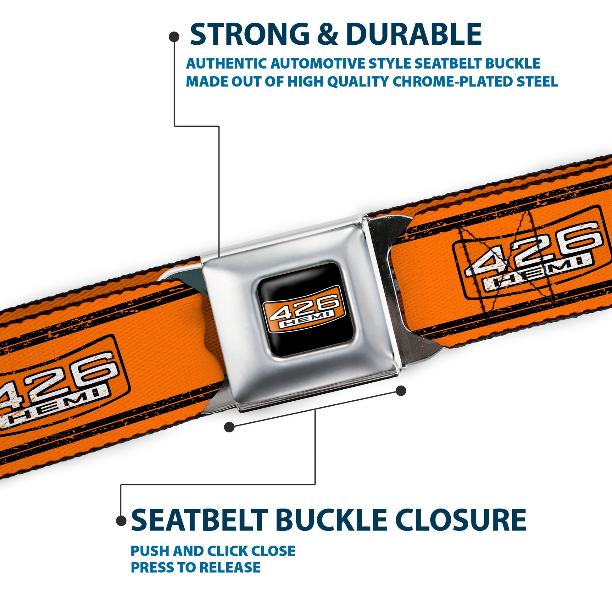 426 HEMI Badge Full Color Black White Orange Seatbelt Belt - 426 HEMI Badge/Stripes Weathered Orange/Black/White Webbing Seatbelt Belts Hemi