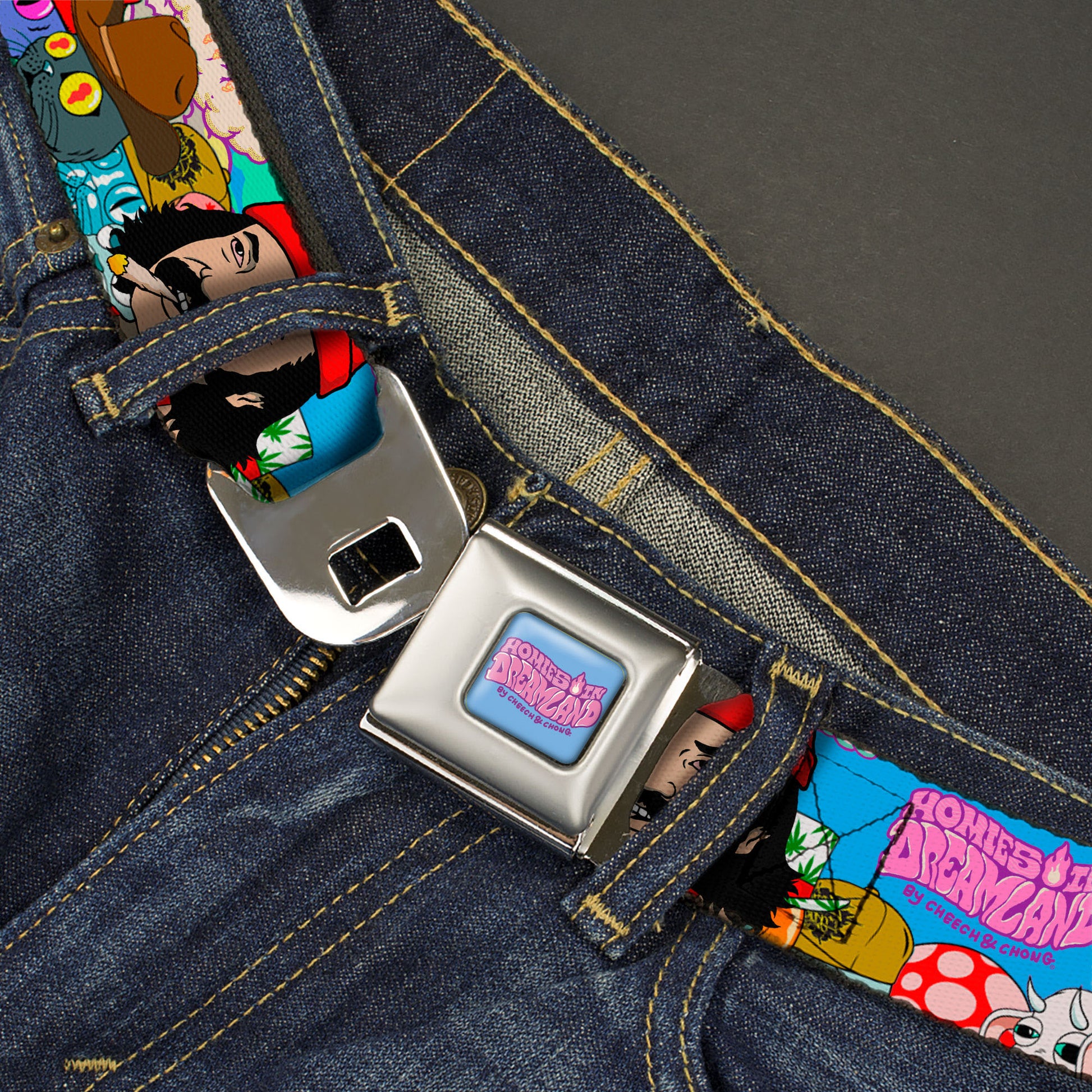 HOMIES IN DREAMLAND BY CHEECH & CHONG Title Logo Full Color Blue/Purples Seatbelt Belt - HOMIES IN DREAMLAND Title Logo Cheech and Chong with Homies Characters Blue Webbing Seatbelt Belts Homies in Dreamland by Cheech & Chong