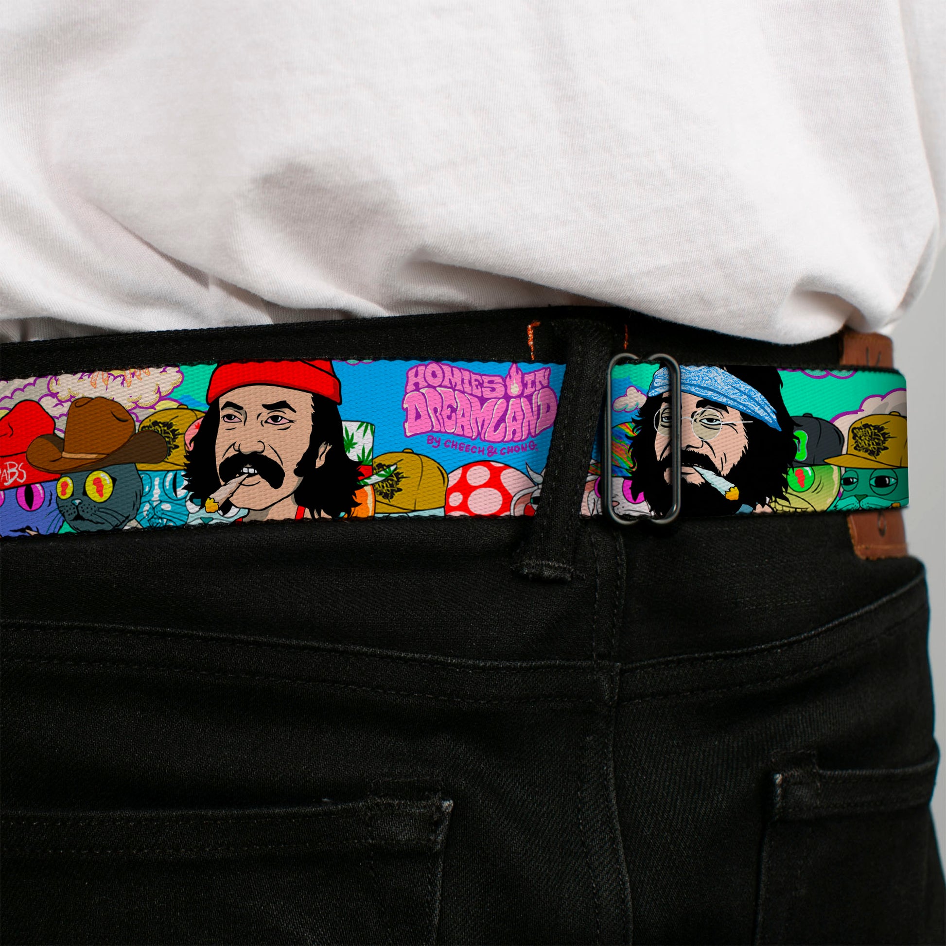 HOMIES IN DREAMLAND BY CHEECH & CHONG Title Logo Full Color Blue/Purples Seatbelt Belt - HOMIES IN DREAMLAND Title Logo Cheech and Chong with Homies Characters Blue Webbing Seatbelt Belts Homies in Dreamland by Cheech & Chong