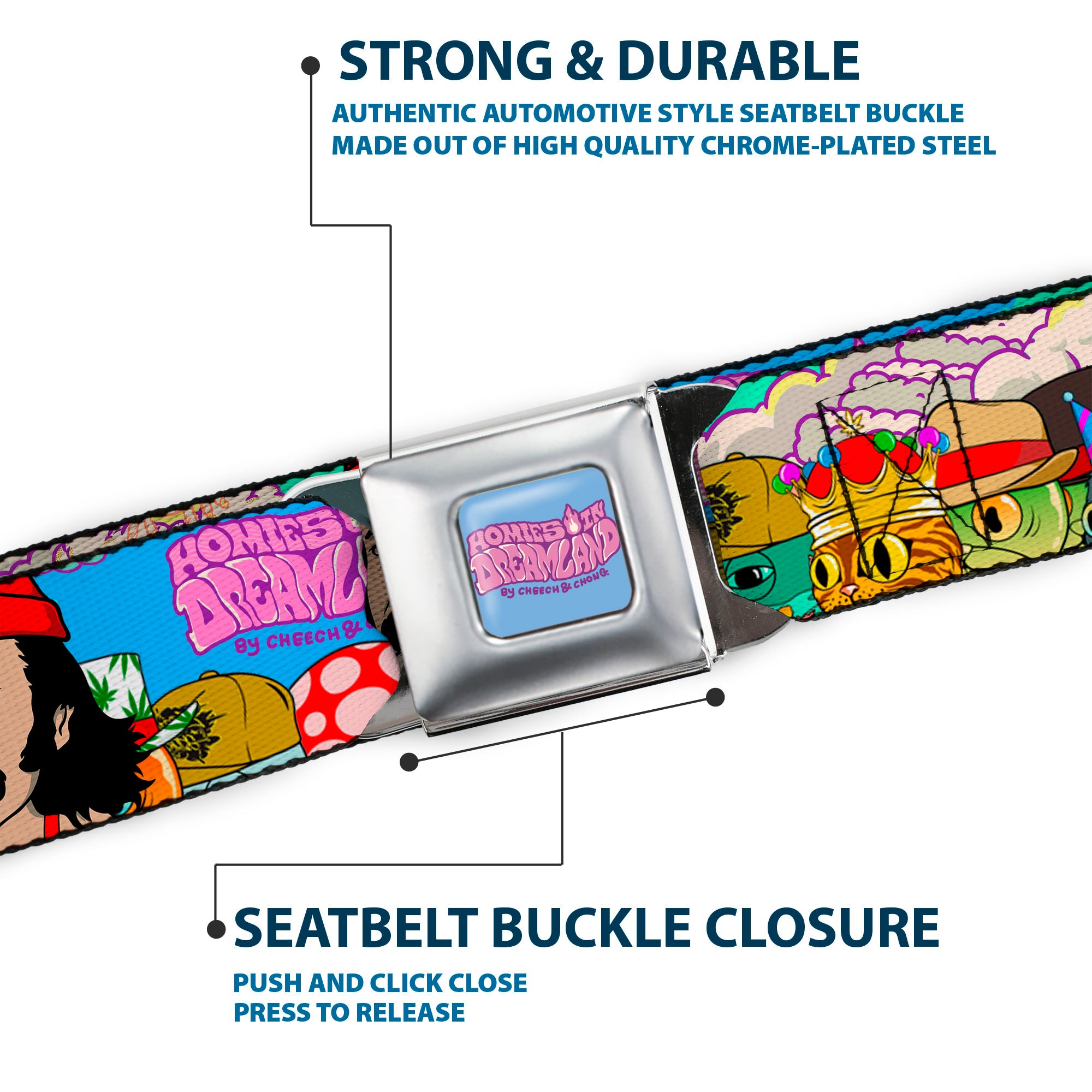 HOMIES IN DREAMLAND BY CHEECH & CHONG Title Logo Full Color Blue/Purples Seatbelt Belt - HOMIES IN DREAMLAND Title Logo Cheech and Chong with Homies Characters Blue Webbing Seatbelt Belts Homies in Dreamland by Cheech & Chong