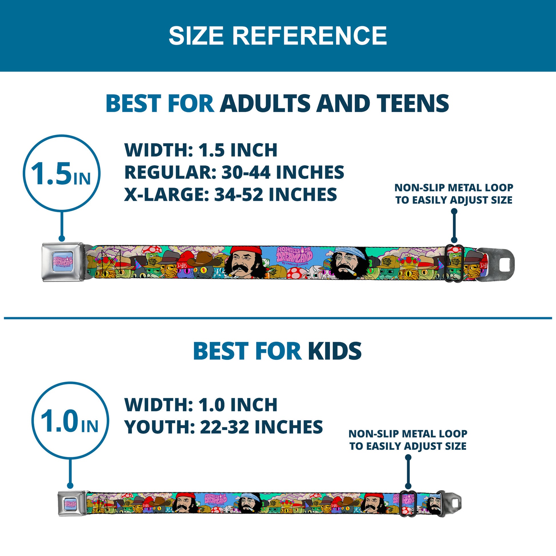 HOMIES IN DREAMLAND BY CHEECH & CHONG Title Logo Full Color Blue/Purples Seatbelt Belt - HOMIES IN DREAMLAND Title Logo Cheech and Chong with Homies Characters Blue Webbing Seatbelt Belts Homies in Dreamland by Cheech & Chong