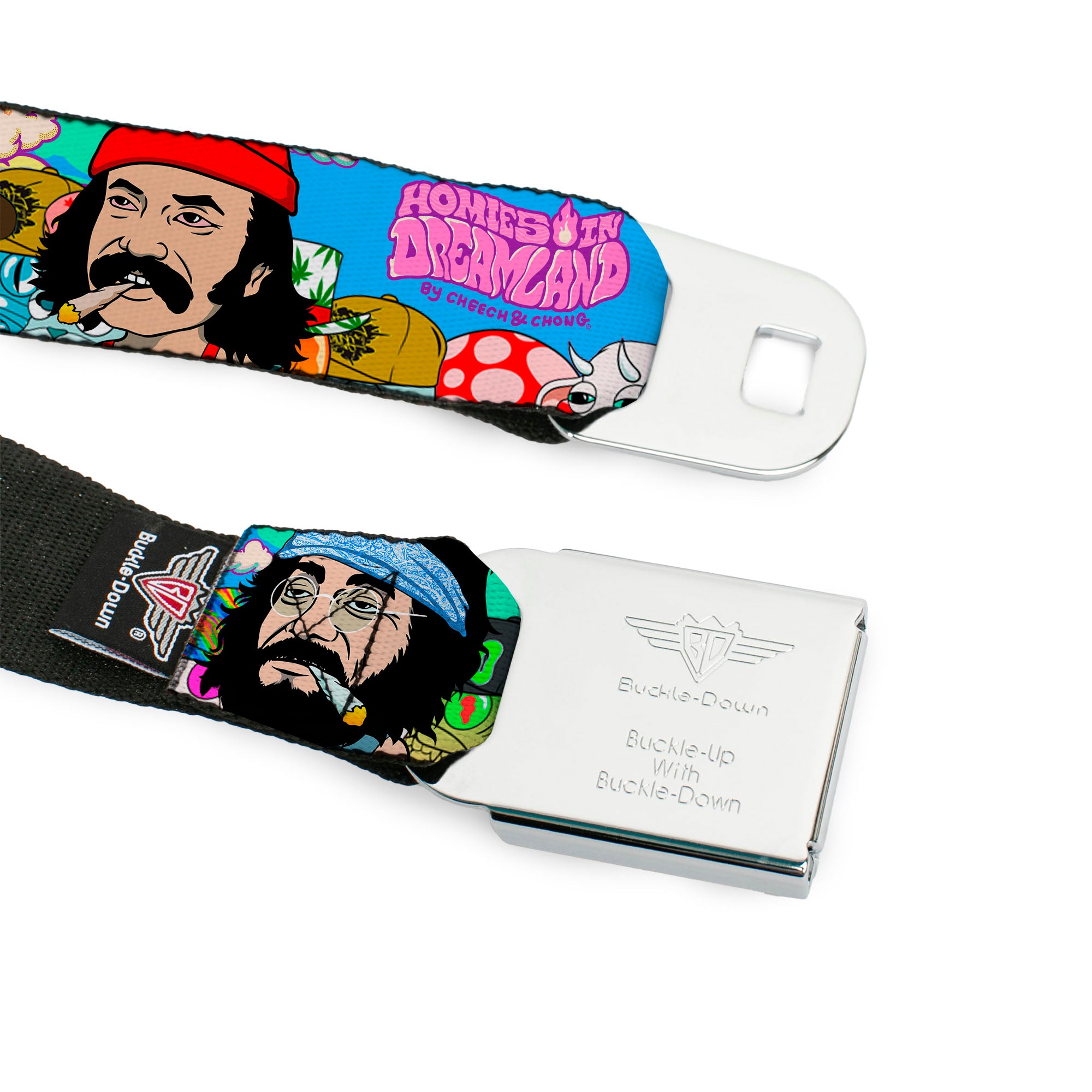 HOMIES IN DREAMLAND BY CHEECH & CHONG Title Logo Full Color Blue/Purples Seatbelt Belt - HOMIES IN DREAMLAND Title Logo Cheech and Chong with Homies Characters Blue Webbing Seatbelt Belts Homies in Dreamland by Cheech & Chong