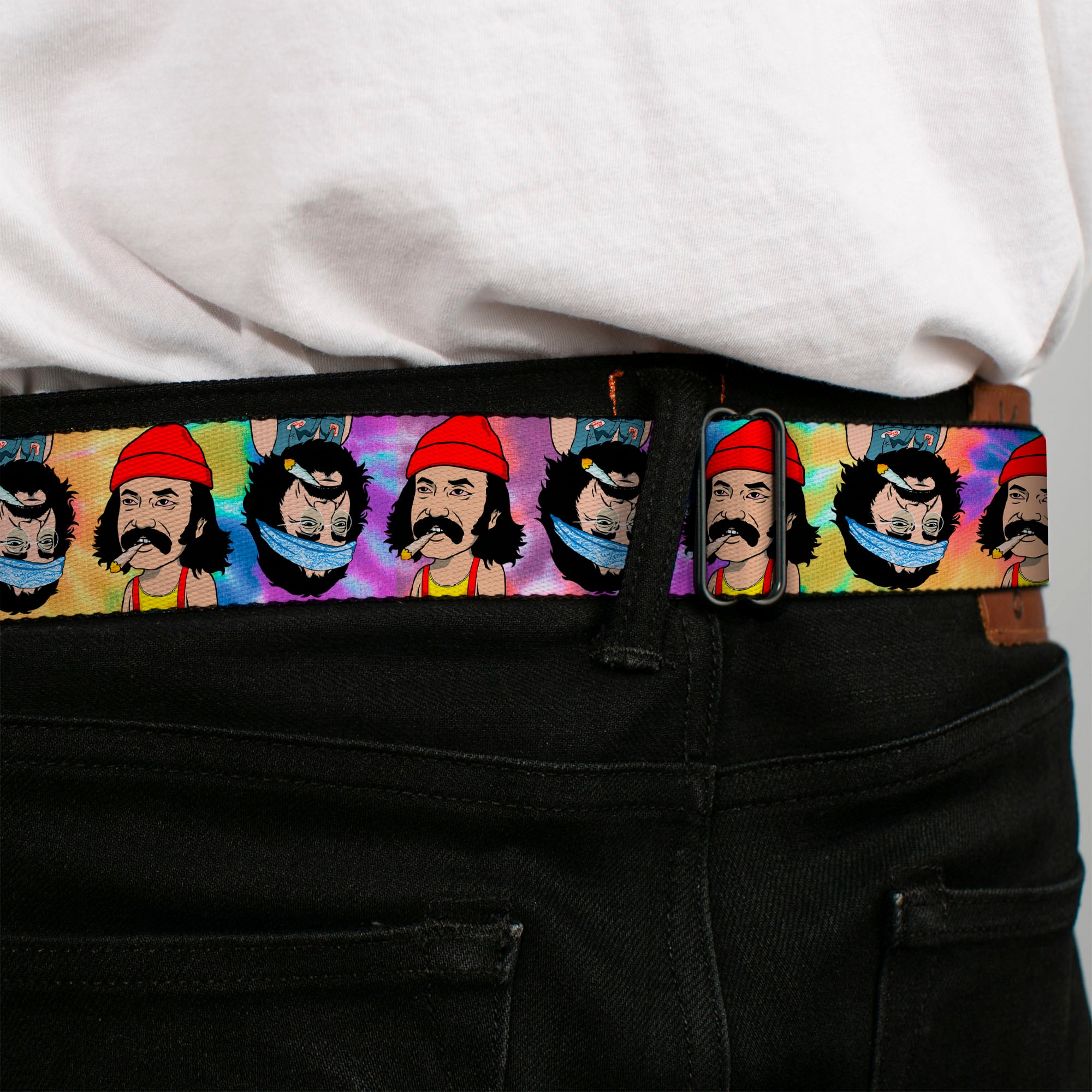 HOMIES IN DREAMLAND BY CHEECH & CHONG Title Logo Full Color Black/Purples Seatbelt Belt - Homies in Dreamland Cheech and Chong Pose Flip Tie Dye Multi Color Webbing Seatbelt Belts Homies in Dreamland by Cheech & Chong