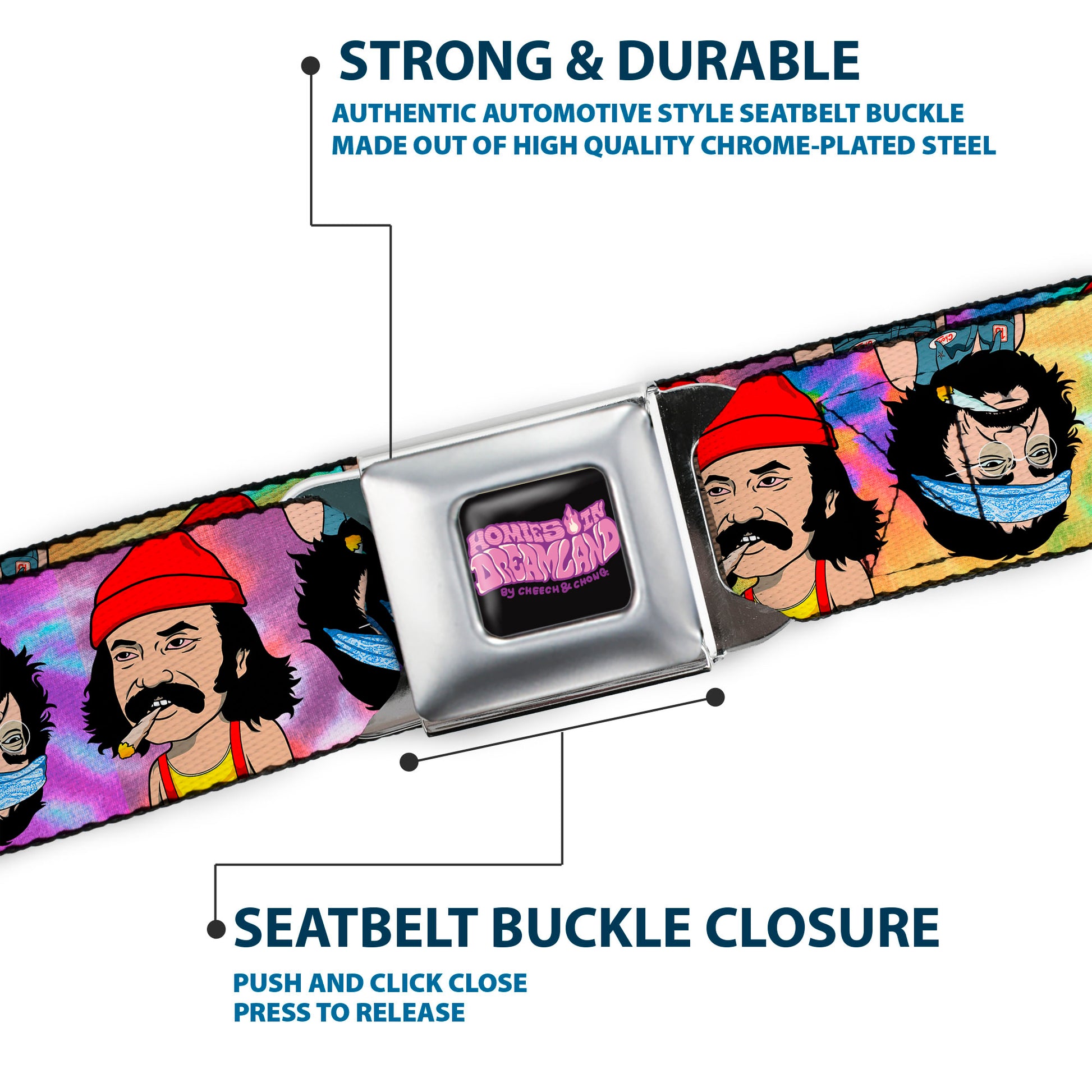 HOMIES IN DREAMLAND BY CHEECH & CHONG Title Logo Full Color Black/Purples Seatbelt Belt - Homies in Dreamland Cheech and Chong Pose Flip Tie Dye Multi Color Webbing Seatbelt Belts Homies in Dreamland by Cheech & Chong