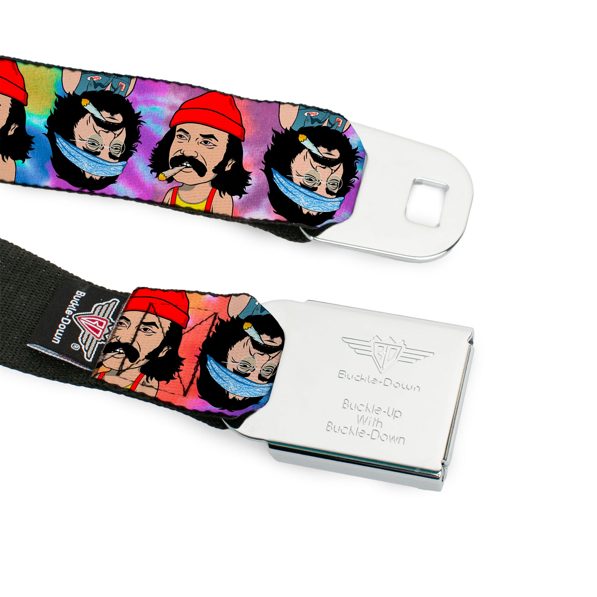 HOMIES IN DREAMLAND BY CHEECH & CHONG Title Logo Full Color Black/Purples Seatbelt Belt - Homies in Dreamland Cheech and Chong Pose Flip Tie Dye Multi Color Webbing Seatbelt Belts Homies in Dreamland by Cheech & Chong