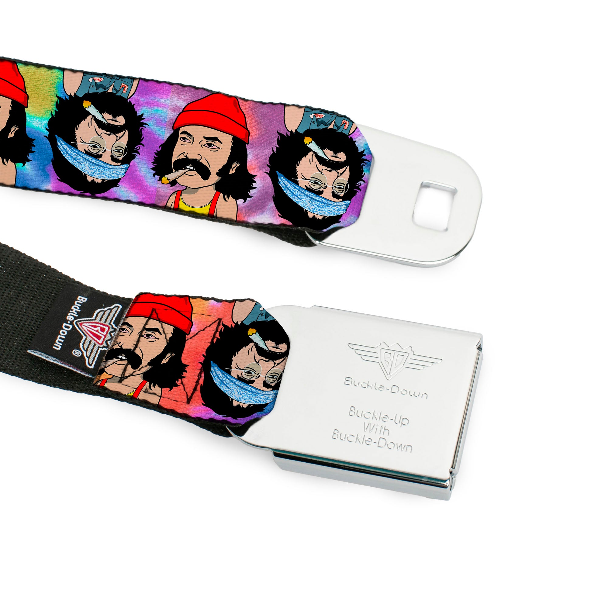 HOMIES IN DREAMLAND BY CHEECH & CHONG Title Logo Full Color Black/Purples Seatbelt Belt - Homies in Dreamland Cheech and Chong Pose Flip Tie Dye Multi Color Webbing Seatbelt Belts Homies in Dreamland by Cheech & Chong