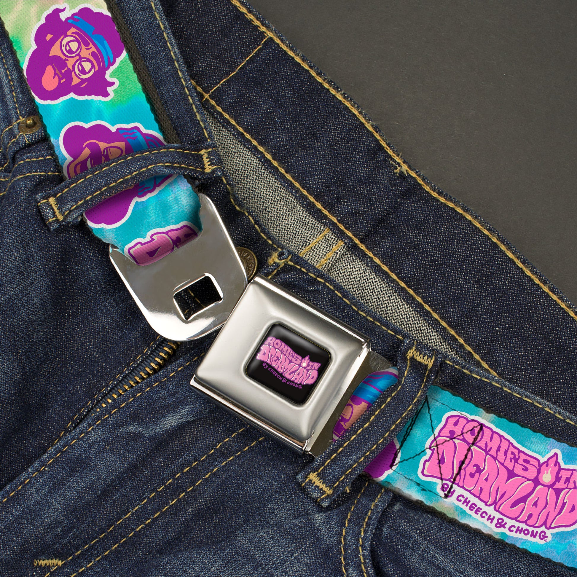 HOMIES IN DREAMLAND BY CHEECH & CHONG Title Logo Full Color Black/Purples Seatbelt Belt - HOMIES IN DREAMLAND Title Logo Cheech and Chong Faces Tie Dye Blues Webbing Seatbelt Belts Homies in Dreamland by Cheech & Chong