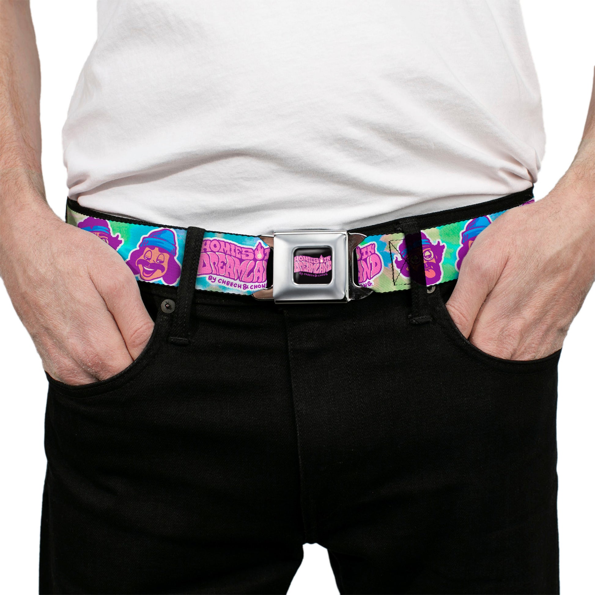 HOMIES IN DREAMLAND BY CHEECH & CHONG Title Logo Full Color Black/Purples Seatbelt Belt - HOMIES IN DREAMLAND Title Logo Cheech and Chong Faces Tie Dye Blues Webbing Seatbelt Belts Homies in Dreamland by Cheech & Chong