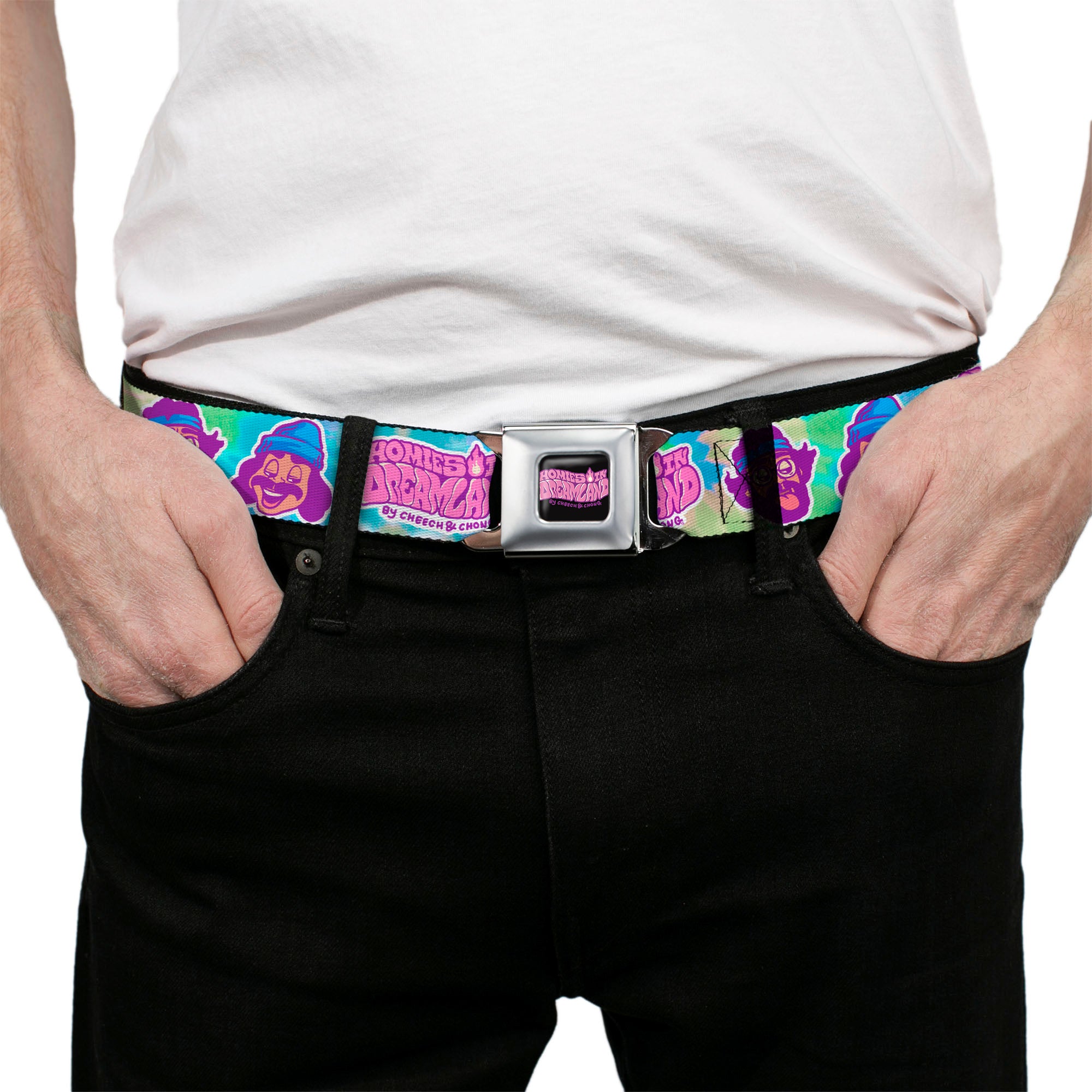 HOMIES IN DREAMLAND BY CHEECH & CHONG Title Logo Full Color Black/Purples Seatbelt Belt - HOMIES IN DREAMLAND Title Logo Cheech and Chong Faces Tie Dye Blues Webbing Seatbelt Belts Homies in Dreamland by Cheech & Chong